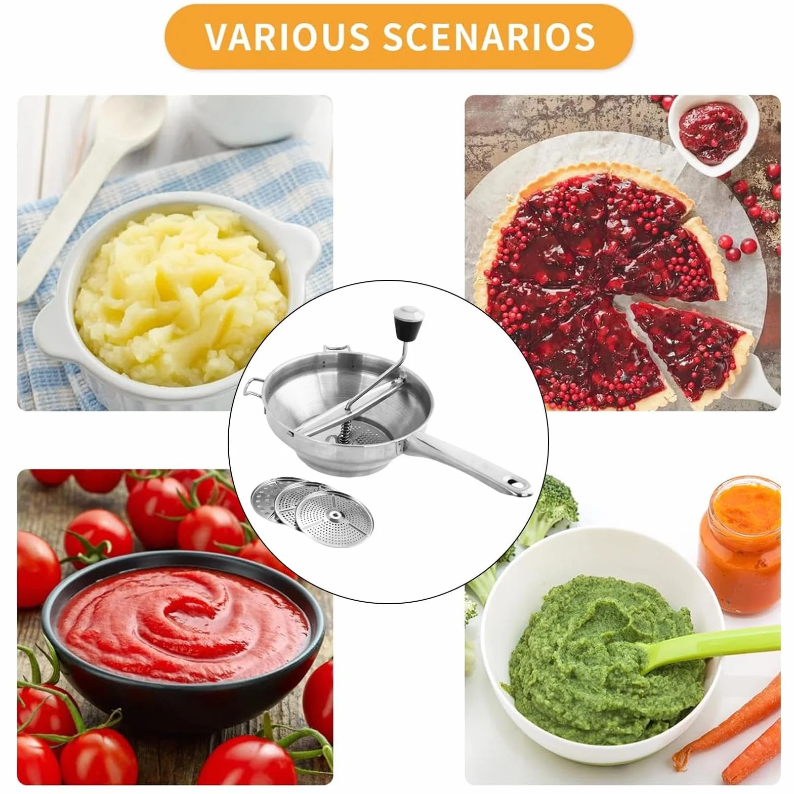 Ricer do puree ziemniaczanego, młynek spożywczy do sosu pomidorowego,Prasa pomidorów Praska ziemniaków ze stali nierdzewnej z uchwytem Młynek żywności - Ergonomiczna tłuczka ziemniaków zac