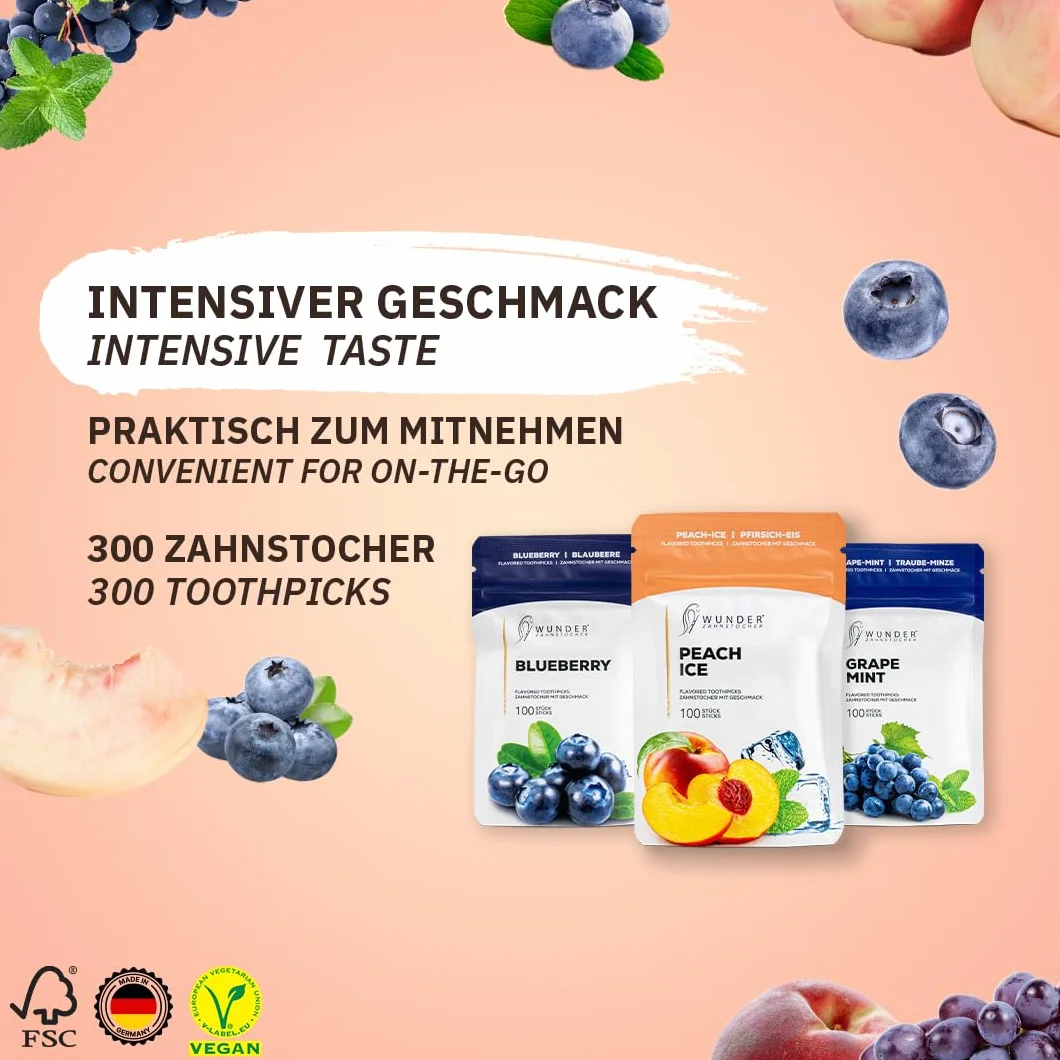 Wunder wykałaczki - w 3 orzeźwiających odmianach FRUIT CRUSH PACK - Wykałaczki smakowe - Zamiennik gumy - Świeży oddech z aromatyzowanymi wykałaczkami
