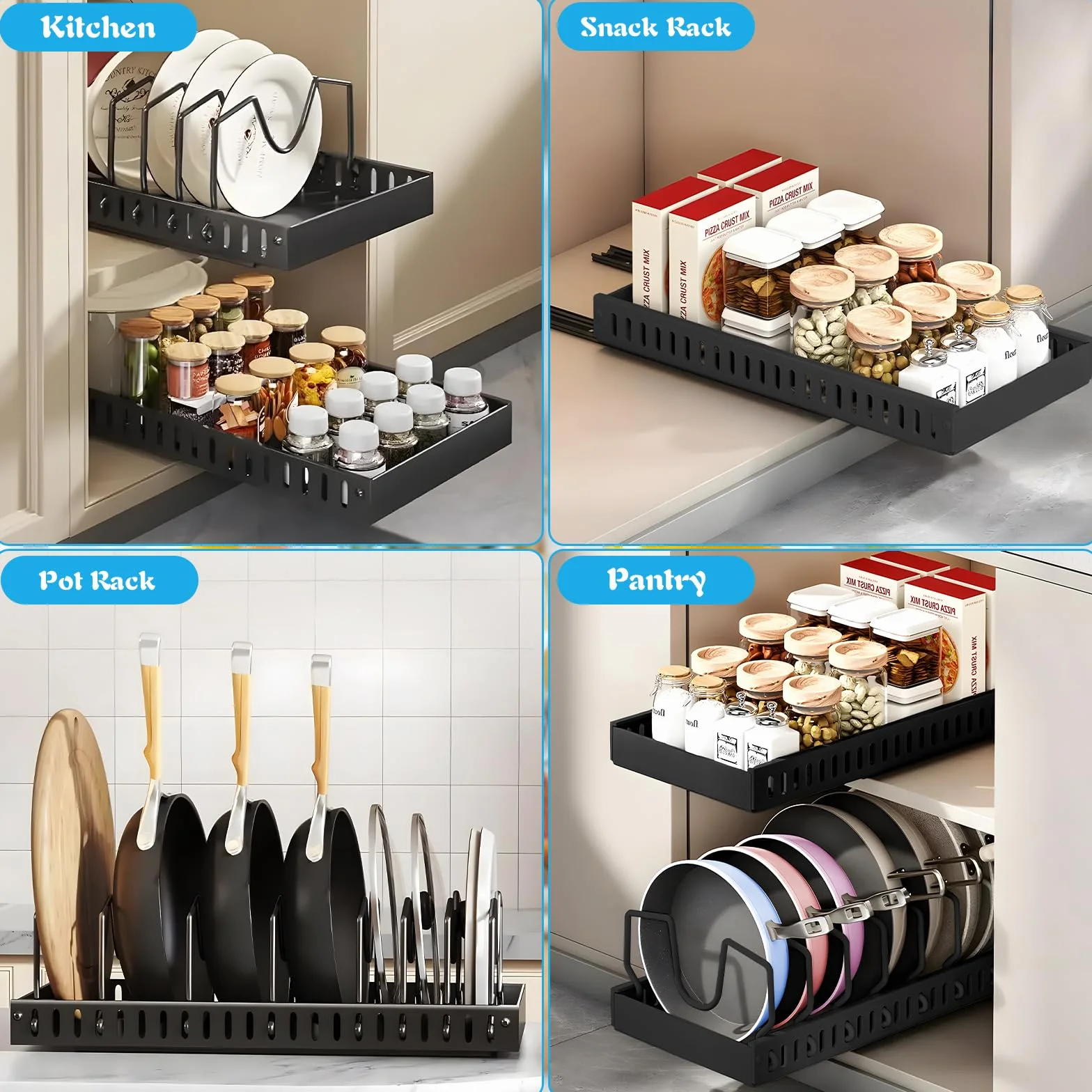ZLPBAO Sliding Pot Lid Holder with 12 Adjustable Compartments, Space-Saving Pan Holder for Pans, Lids and Plates, Metal Stand, Kitchen Container
