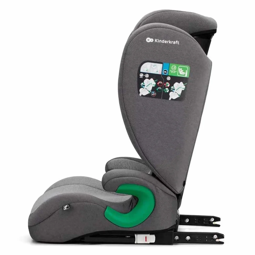 Kinderkraft JUNIOR FIX 2 Fotelik dziecięcy I-SIZE, Podstawka samochodowa, Regulowany zagłówek i oparcie, Wzmocnione boki, Zdejmowana tapicerka, Isofix, Grupa ECE I/II/III 9-36 kg, Szary