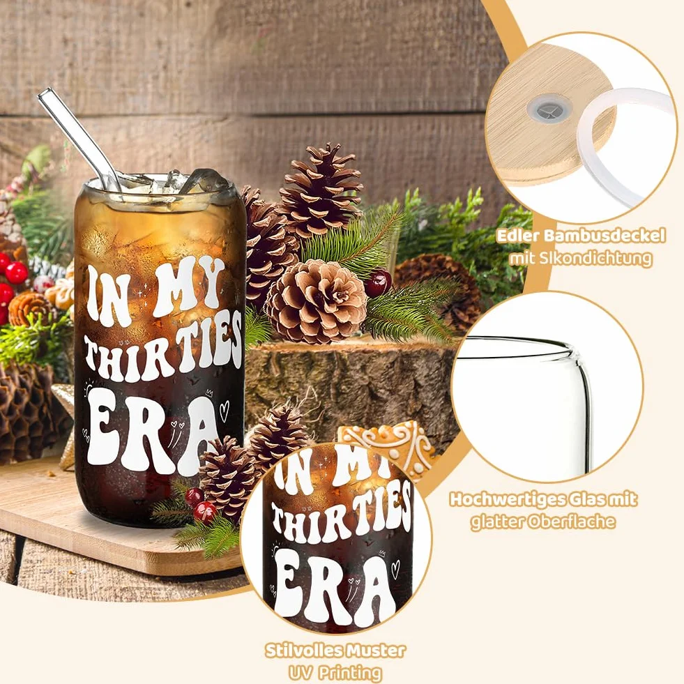 Kreatywny kubek podróżny na 30. urodziny, 500 ml, szklanki w kształcie puszki z hermetycznymi pokrywkami bambusowymi, szklanymi słomkami i szczotką do czyszczenia słomki, prezent na 30. urodziny