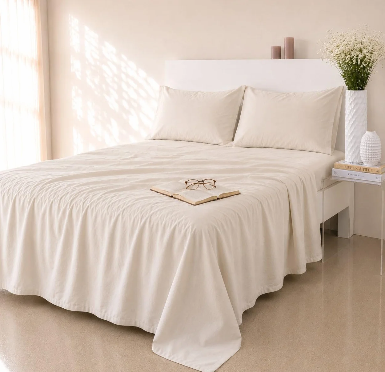 COTTON ARTean Zestaw prześcieradeł 160 x 190/200 Egipska Satyna Bawełna, 300 Nici LEUNA Beżowy zestaw pościeli 160 + 2 poszewki na poduszki + prześcieradło z gumką