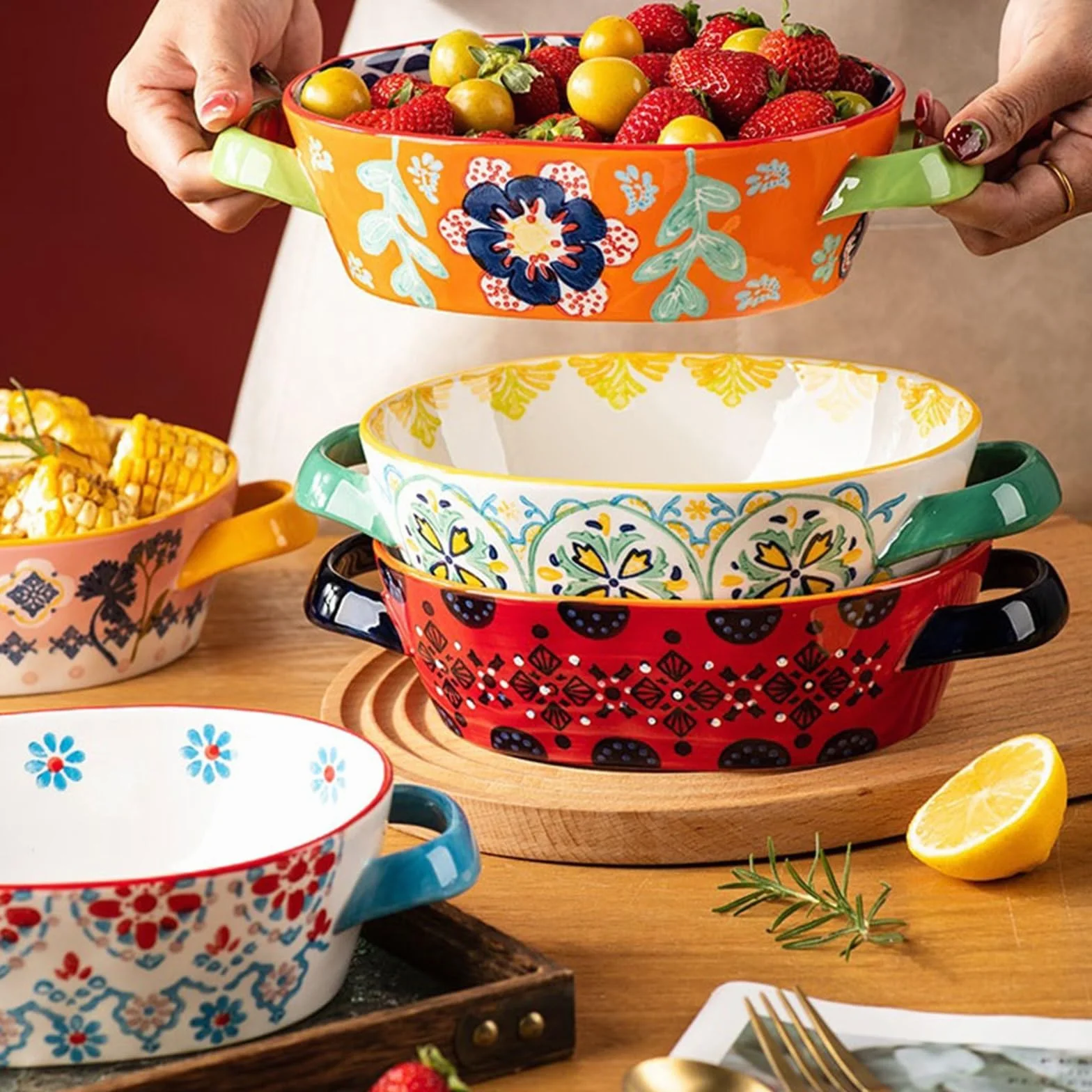 Lasagne Patelnie Ceramiczne Kreatywne Podszkliwne Kolorowe Naczynia Odporne Na Wysokie Temperatury Blacha Do Pieczenia Talerz obiadowy Podwójne Ucho Talerz Na Owoce Do Pieczenia Ciasta Domowe Do