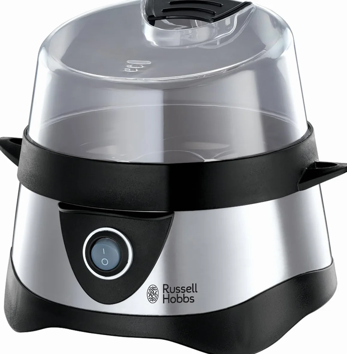 Russell Hobbs jajowar, regulacja twardości jaj, wutomatyczne wyłączenie, wyjmowane elementy, do 7 jaj gotowanych, do 3 jaj sadzonych, stal nierdzewna, plastikowa pokrywka, moc 365W, jajowar 14048-56