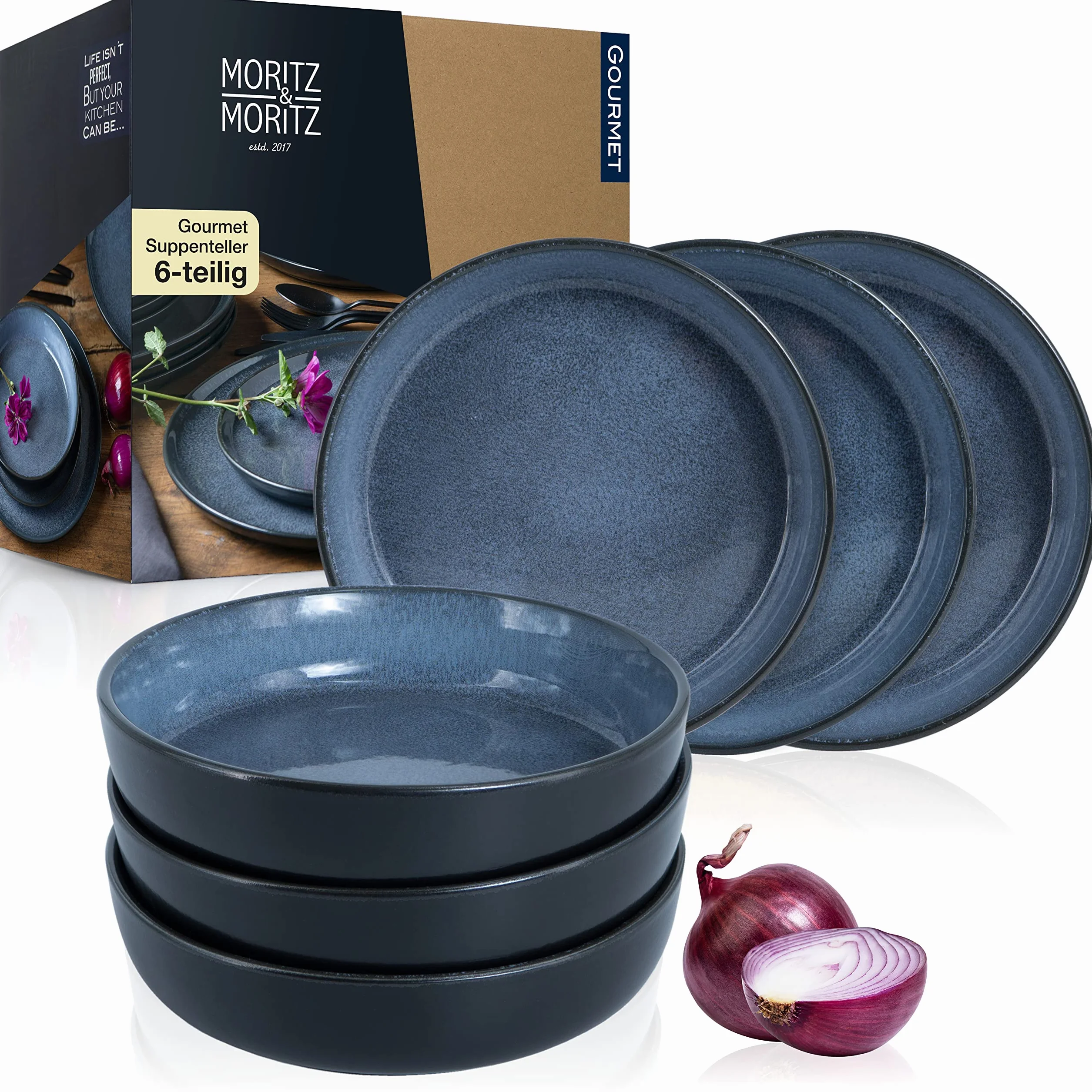 Moritz & Moritz 6-częściowy Zestaw Talerzy do Zupy Niebieski - dla 6 Osób, Porcelana, Zmywarka i Mikrofalówka