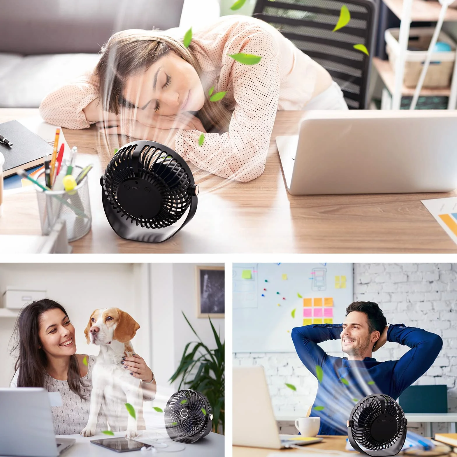 KICLBD M93 Mini wentylator z 5 prędkościami, silny przepływ powietrza, chłodzenie, przenośny i bardzo cichy, obracana o 360° głowica, ładowanie USB, do domu, biura, sypialni, biblioteki, czarny