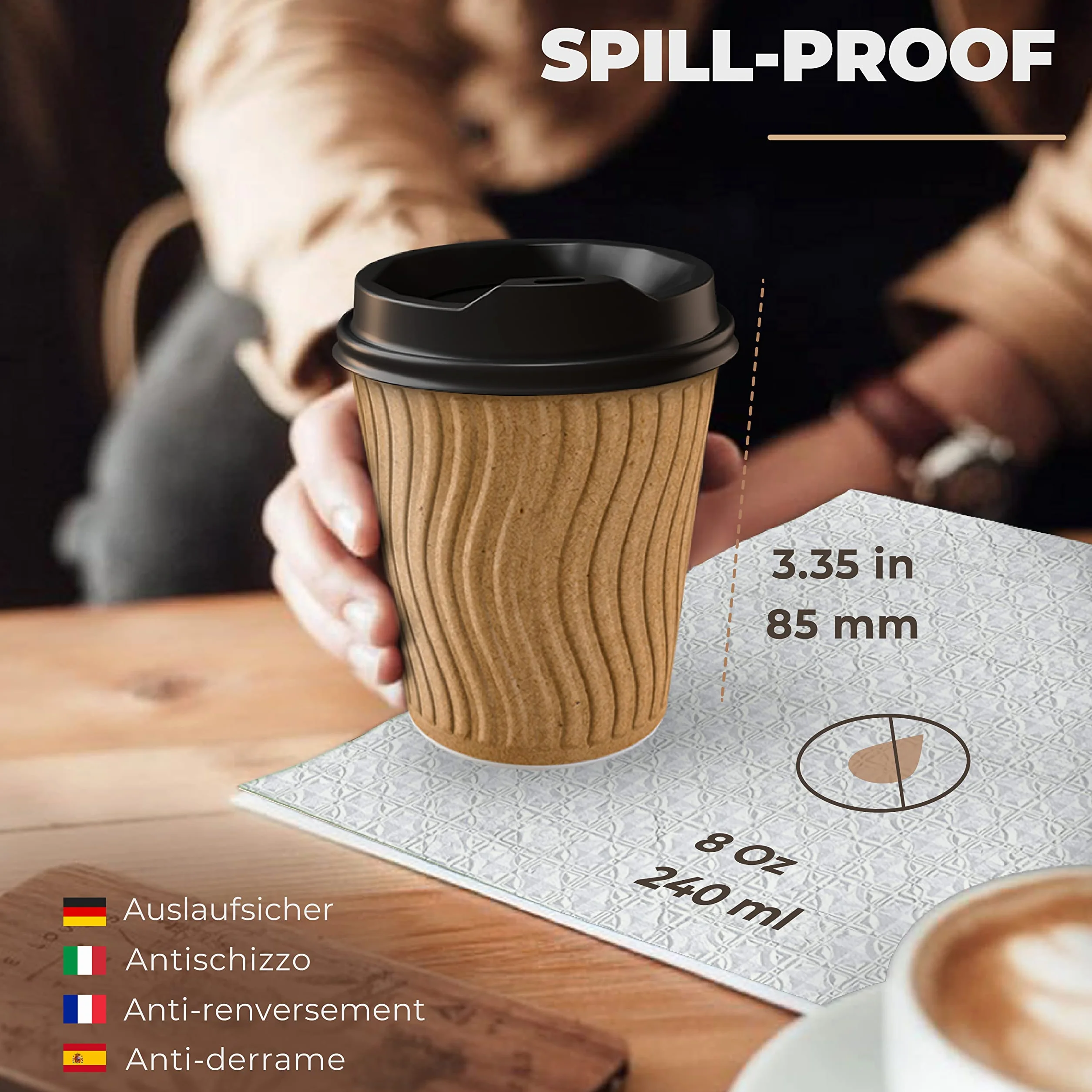 CupCup 110 Falowanych Kubków Kraft 240 ml z Podwójnymi Ściankami 'To Go' z Pokrywkami i Drewnianymi Mieszadłami do Serwowania Kawy na Wynos, Herbaty, Gorących i Zimnych Napojów
