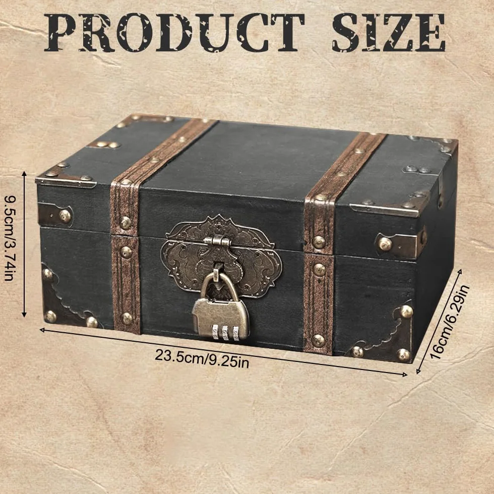 Drewniana skrzynia na skarby w stylu vintage, 24 x 17 x 9,5 cm, drewniana skrzynka na skarby z zamkiem szyfrowym, drewniana skrzynia na skarby, na urodziny dziecka, wesele, do dekoracji, szara