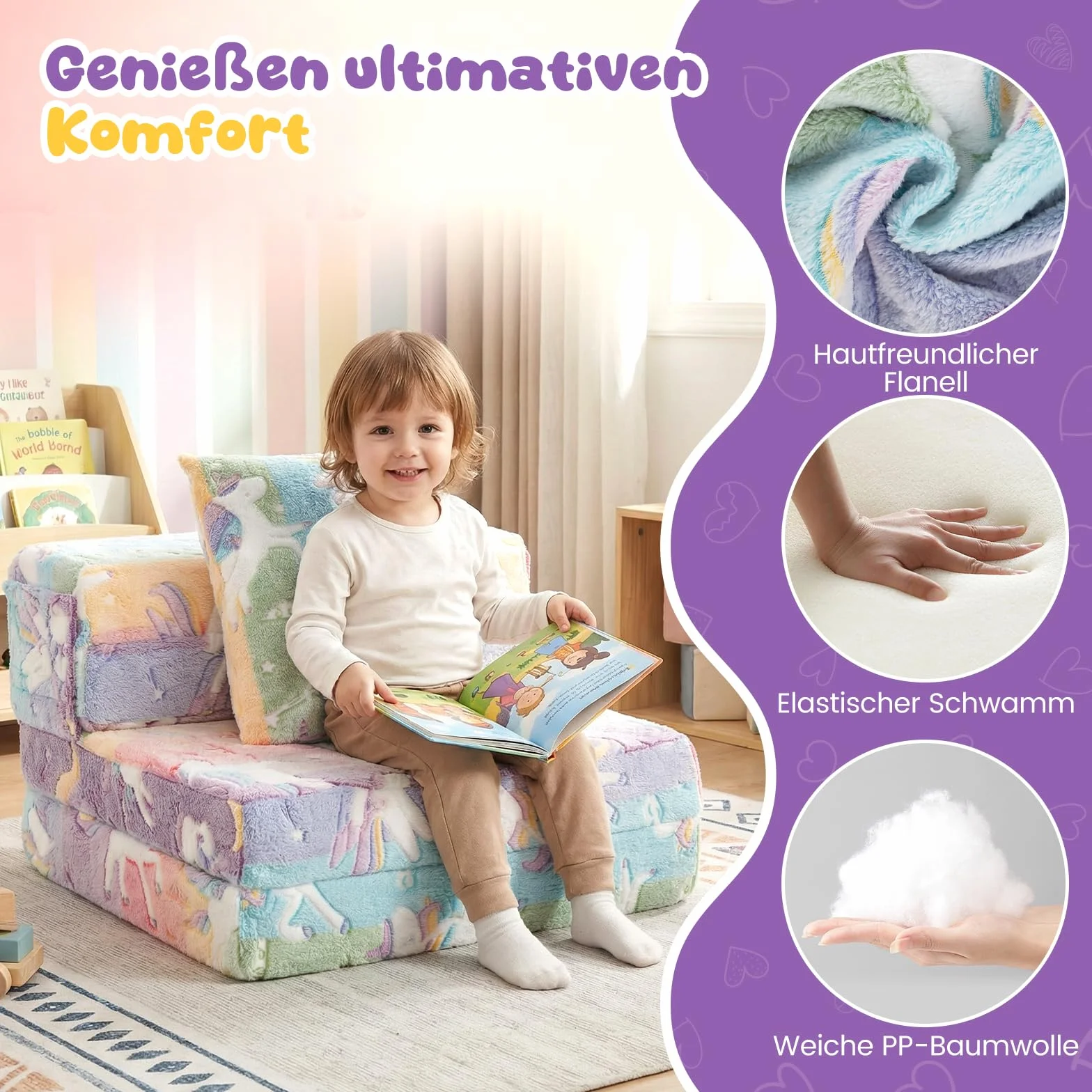 COSTWAY Sofa dziecięca 3 w 1 świecąca w ciemności, składany fotel z poduszką i zdejmowanym pokrowcem, wyściełana sofa do zabawy z funkcją spania do pokoju dziecięcego, kolorowy