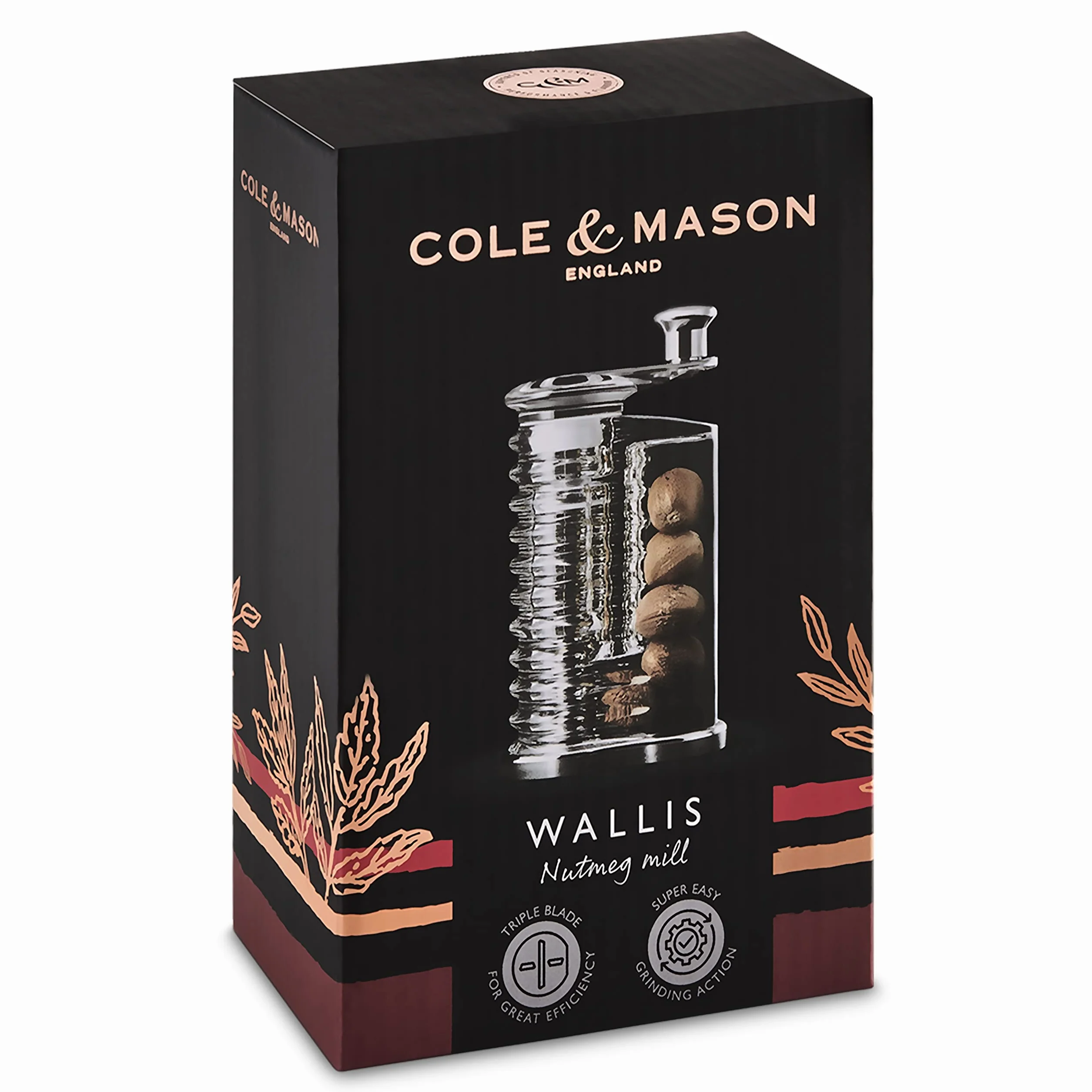 Cole & Mason Wallis młynek do gałki muszkatołowej, młynek do przypraw, potrójne ostrza ząbkowane ze stali nierdzewnej, akryl, 145 mm, przyprawy nie są dołączone