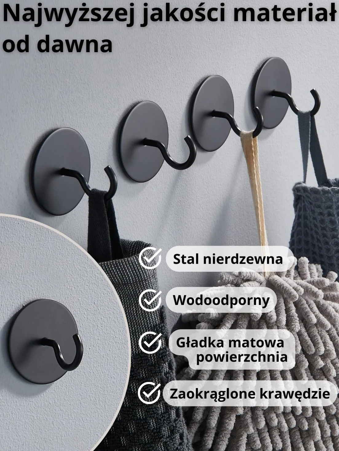 DEKAZIA® Samoprzylepny hak sufitowy czarny okrągły, Mocny hak sufitowy bez wiercenia, Vintage hak klejący, Samoprzylepny hak ścienny czarny do wieszania ubrań i akcesoriów