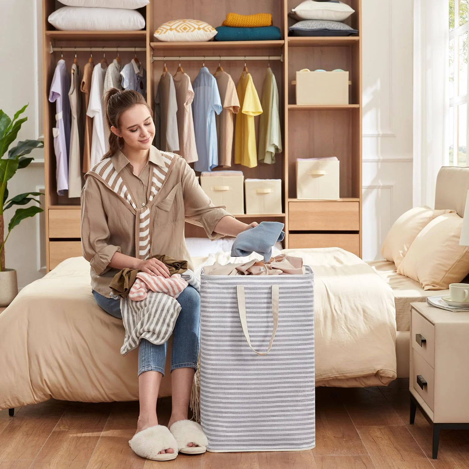 Lifewit Kosz na Pranie z Uchwytem, Duży Składany Wodoodporny Kosze Brudna Ubrania, Laundry Basket do Odzież, Sypialnia, Szary, 80L