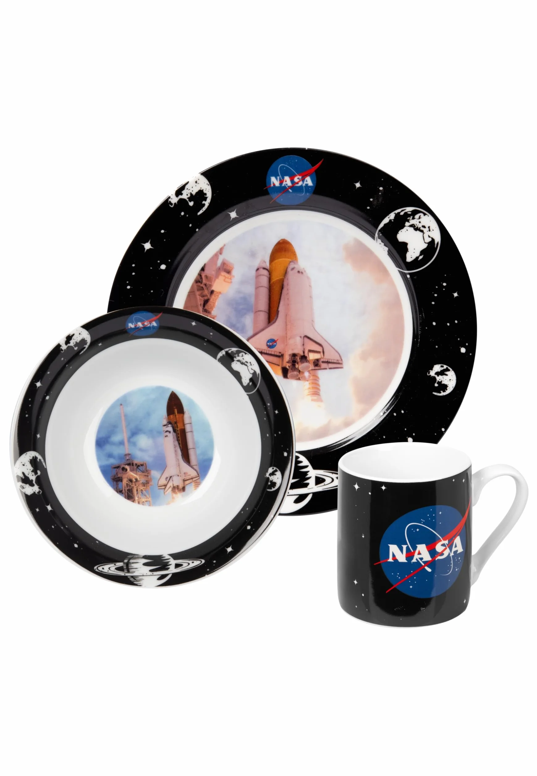 United Labels NASA 3-częściowy zestaw naczyń, czarno-niebieski, porcelanowy zestaw śniadaniowy z talerzem Ø 19 cm, filiżanka 220 ml i miska 330 ml, zestaw naczyń
