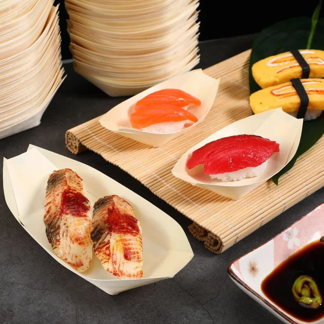 Drewniana taca do serwowania sushi, 50 szt. mini taca do sushi, talerz do serwowania łodzi, do sushi, łodzi, drewniany pojemnik na żywność do restauracji, domu, na wesela, imprezy, 10 cm