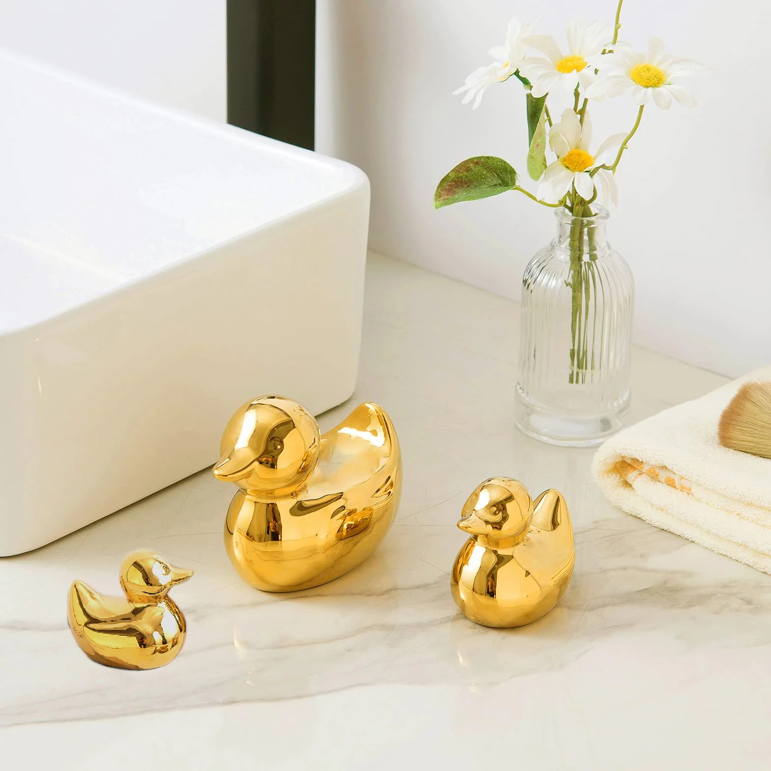 Złote ceramiczne figurki kaczki, wystrój domu rzeźby zwierząt i posągi ręcznie robione dekoracje artystyczne, zestawy mini kaczki 3 szt