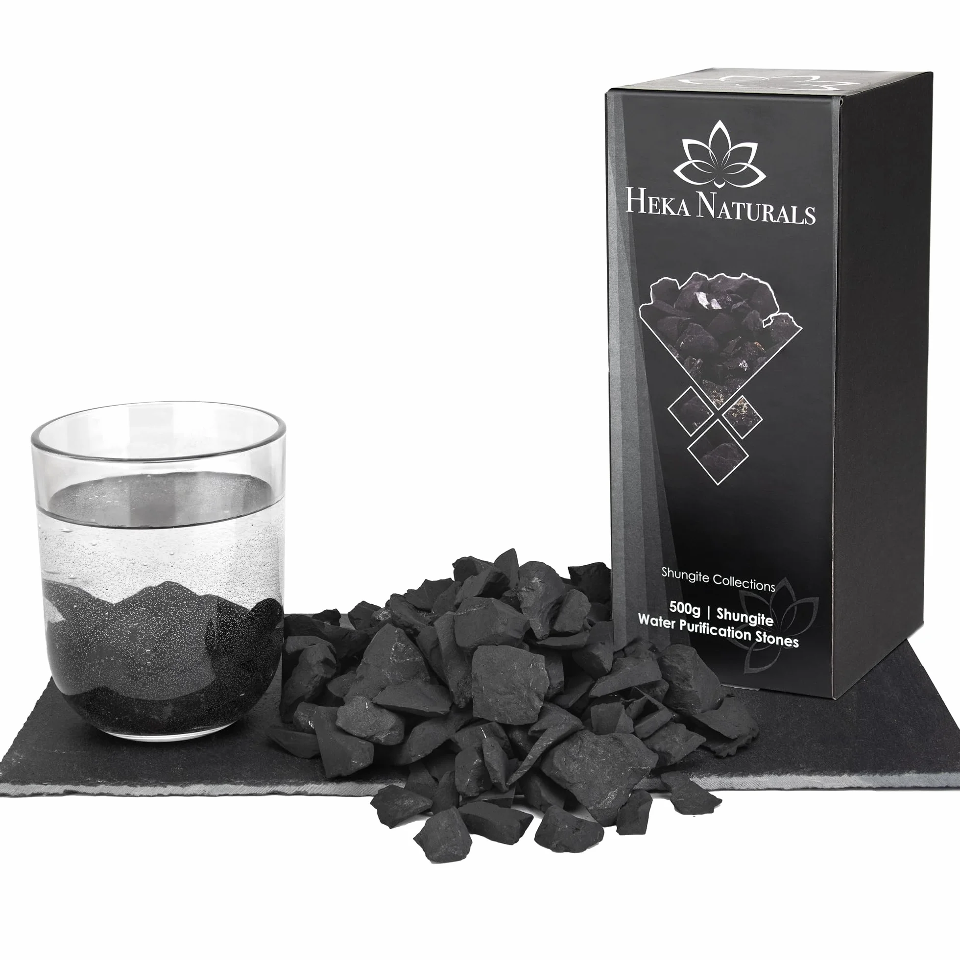 Heka Naturals Shungite Water Chips | Kryształy filtrujące wodę do wody pitnej, idealne do oczyszczania wody, kryształy lecznicze, dekoracja domu, idealne do stosowania jako filtr wody w sprzęcie kempingowym (0.5)