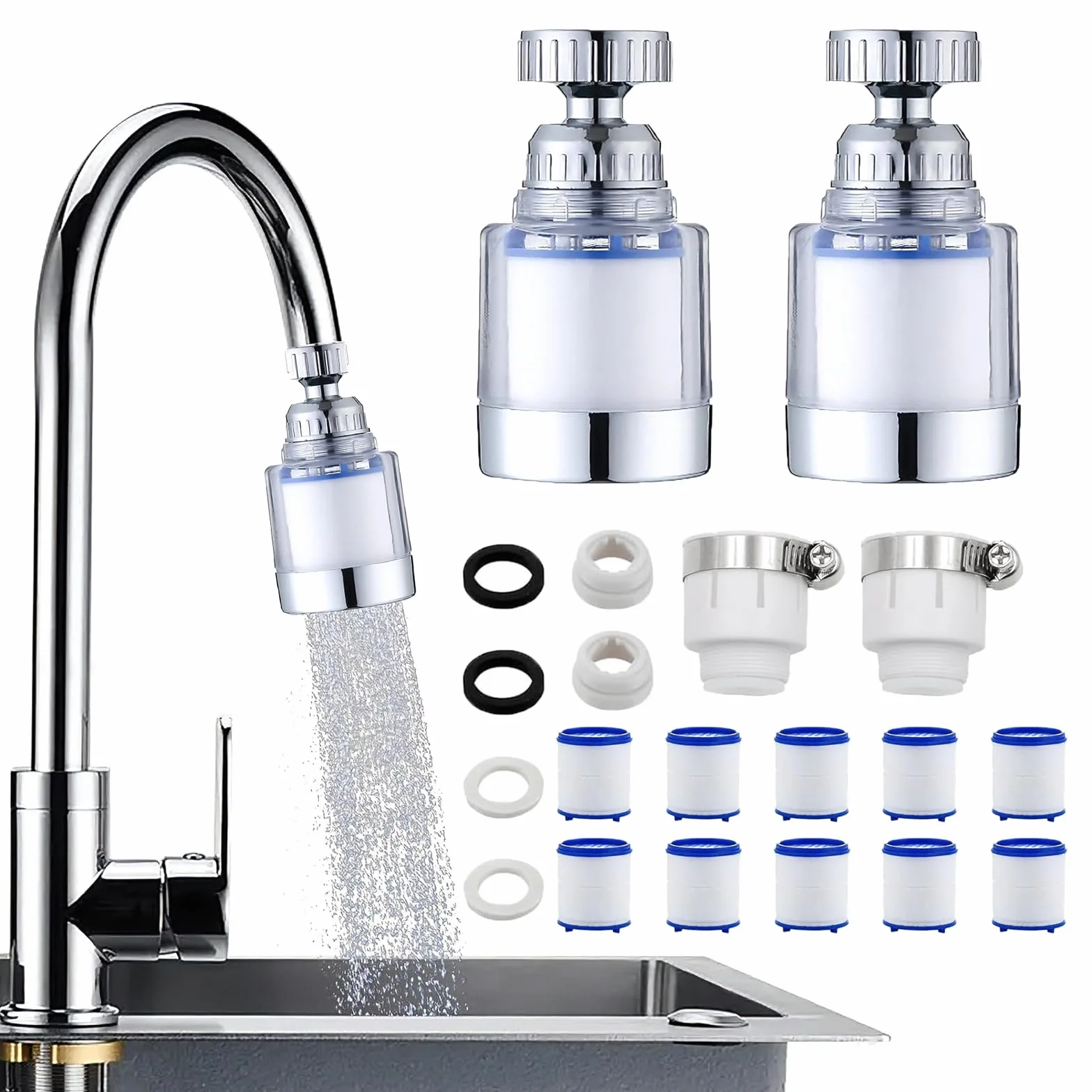Filtr do wody, kran, 2 sztuki, filtr 360°, z 10 wymiennymi filtrami i uniwersalnym adapterem, kran do odkamieniacza, nasadka do kuchni, łazienki, zlewu