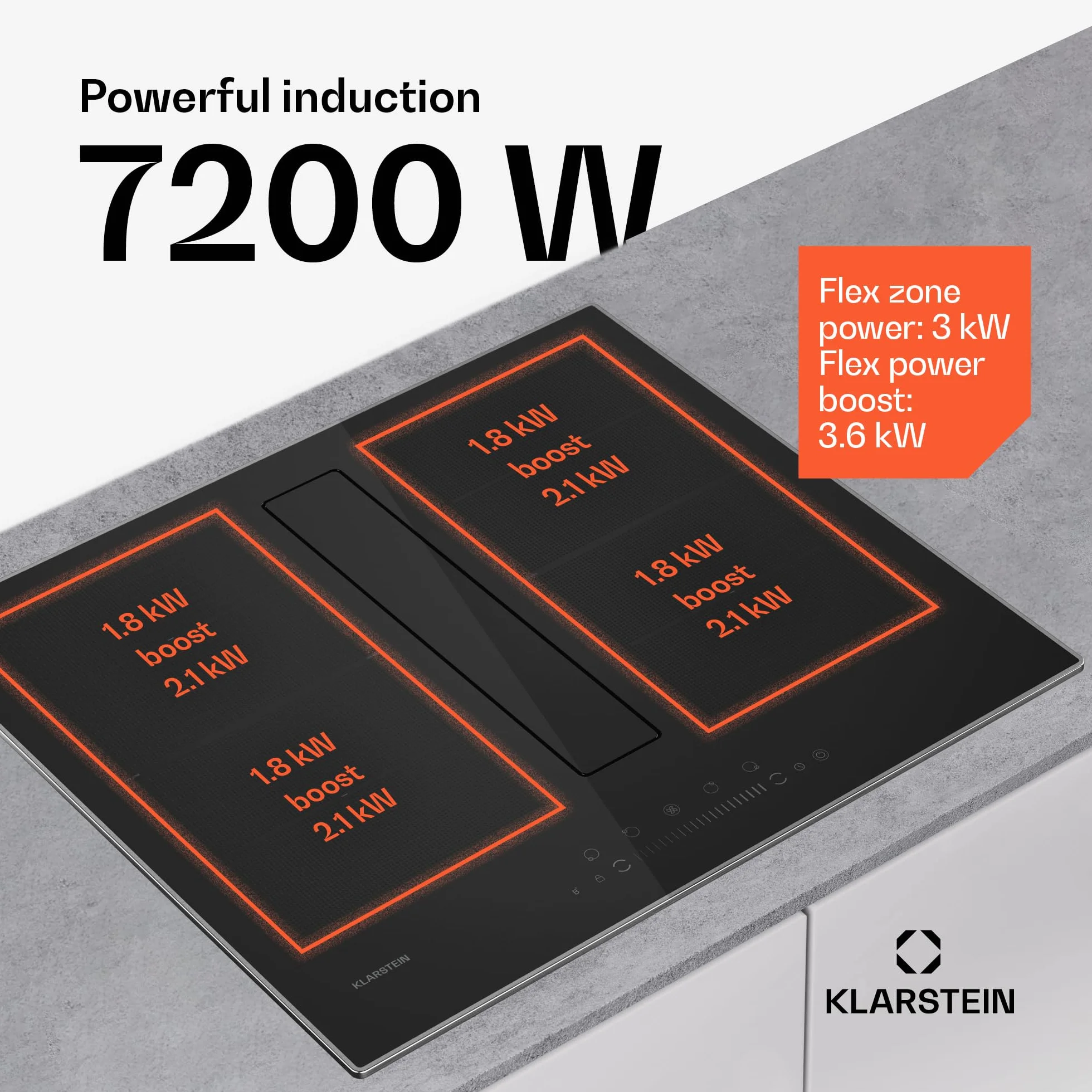 Klarstein Chef-Fusion Płyta indukcyjna z okapem - 7200 W, Przepływ 590 m³/h, Strefa Flex i Boost, Klasa energetyczna A, Powierzchnia szklana, Oszczędność miejsca, Blokada rodzicielska, Czarna