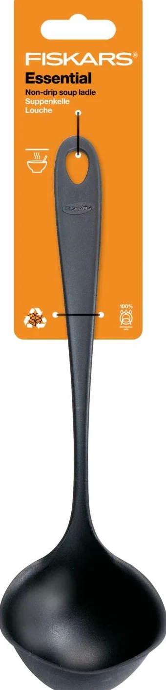 Fiskars Łyżka do zupy z niekapiącym brzegiem, Essential, Plastik, Długość: 28 cm, Pojemność: 100 ml, Dla prawo- i leworęcznych, Czarna, 1065594