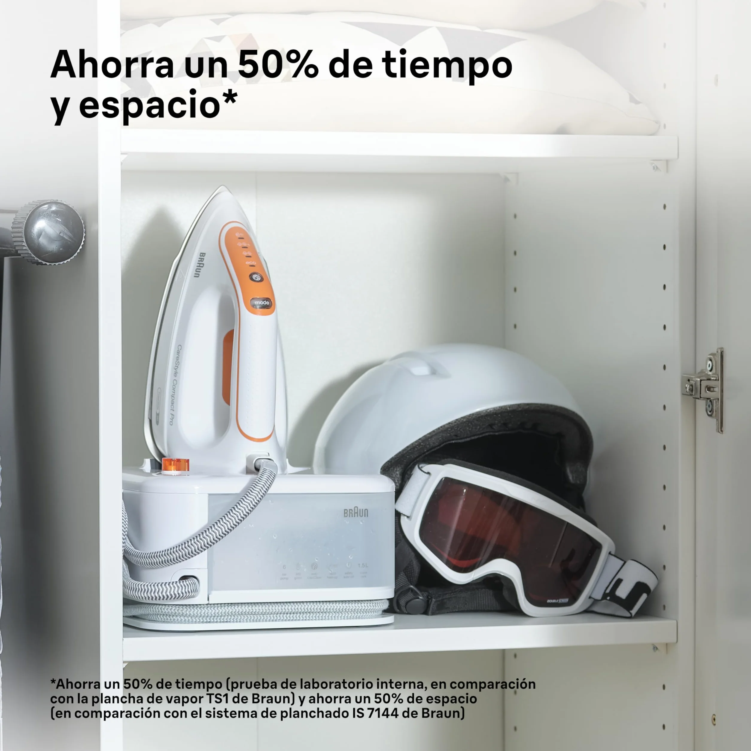 Braun CareStyle Compact Pro żelazko generujące parę, FreeGlide 3D, tryb iCareMode, Eco i Turbo, pionowe parowanie, niekapiący, zbiornik na wodę 1,5 l, 6 bar/400 g/min, 2400 W, biały/pomarańczowy
