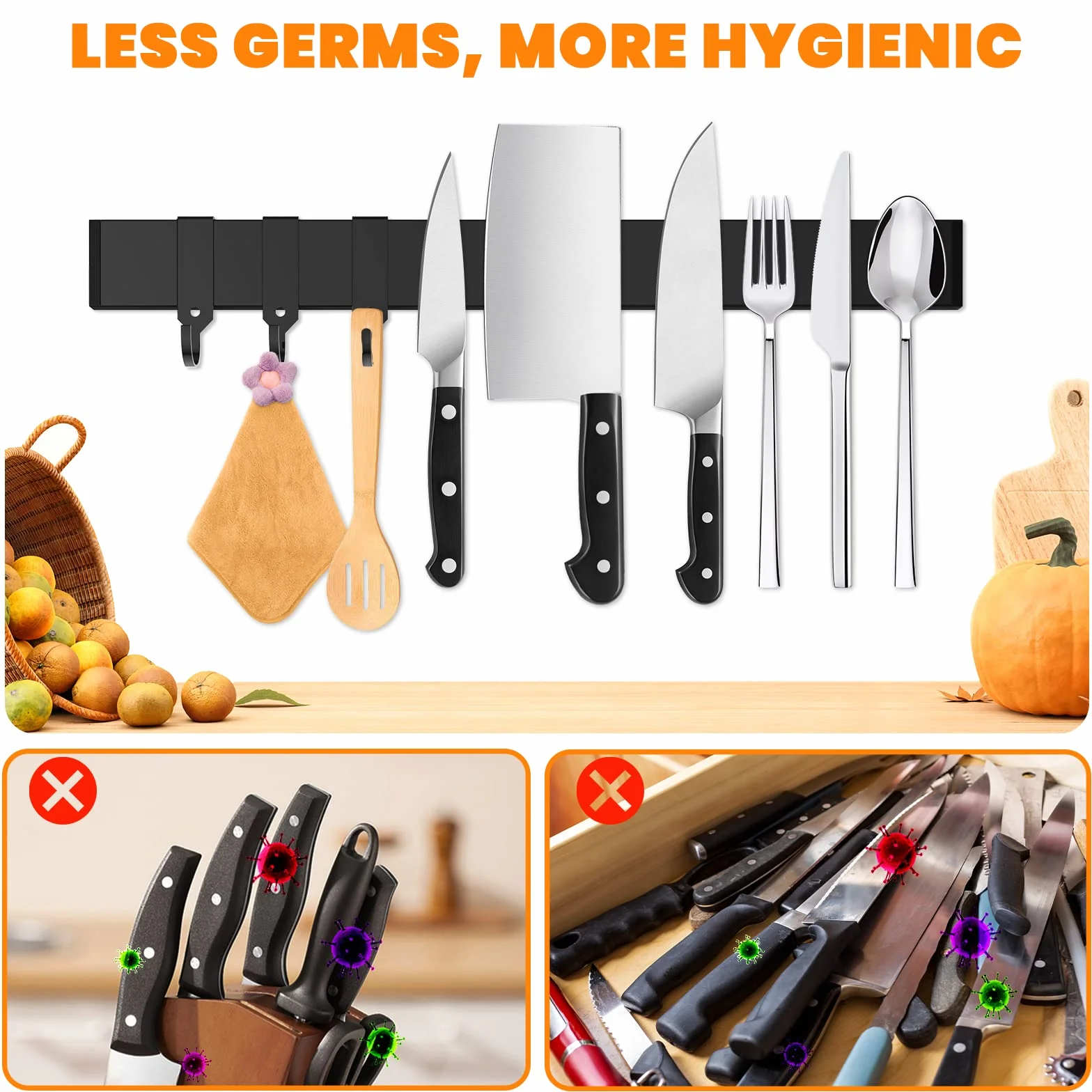 Cocolemon Listwa magnetyczna na noże 40 cm ze stali nierdzewnej z bardzo silnym magnesem, uchwyt na noże z 3 zdejmowanymi haczykami na noże, przybory kuchenne, narzędzia