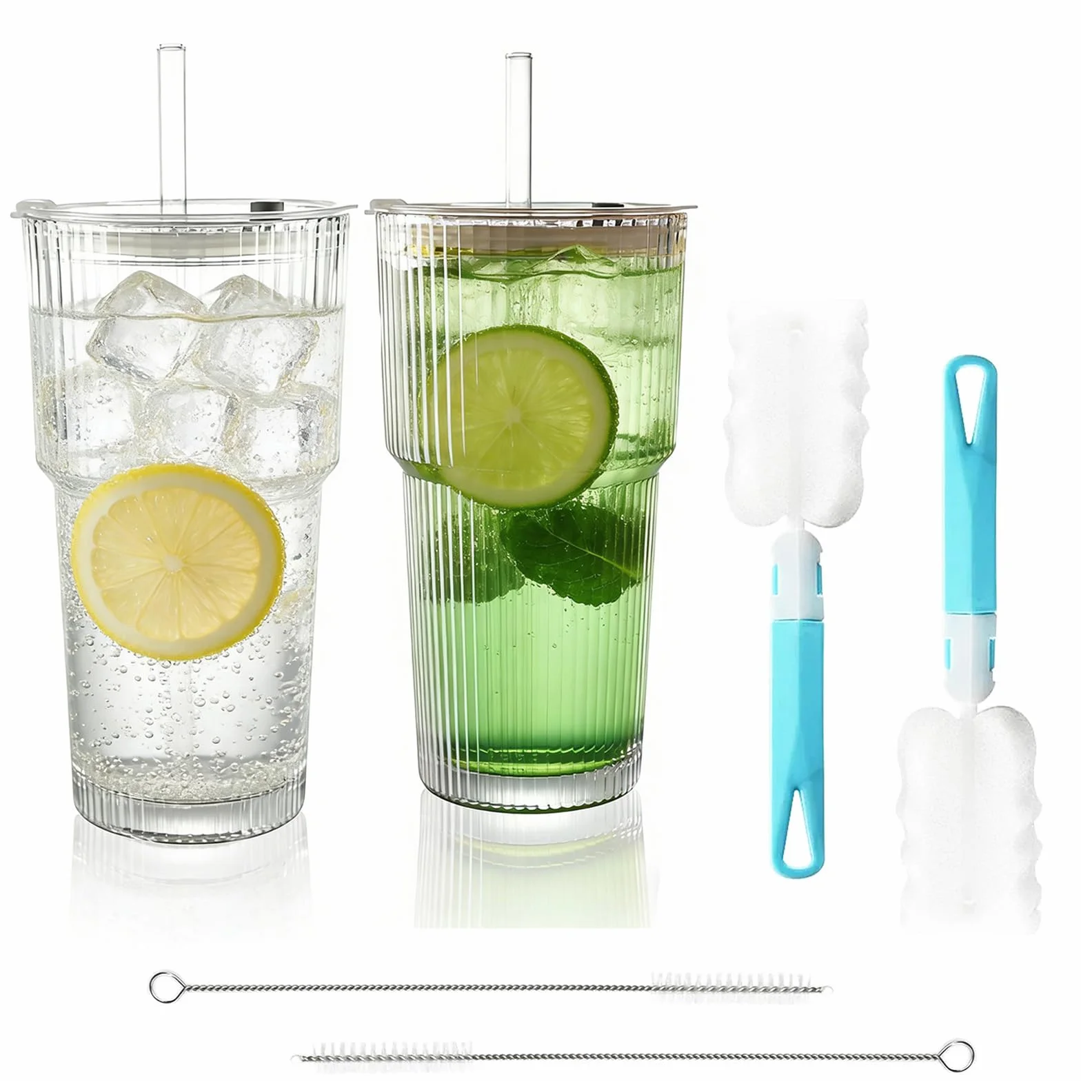 Szklane kubki z ryflowanym kubkiem, 2 sztuki, szklanki do drinków, szklanki do longdrinków, w paski, z pokrywką i słomką, 600 ml, kubek do smoothie, szklany kubek do herbaty, z pędzelkiem do
