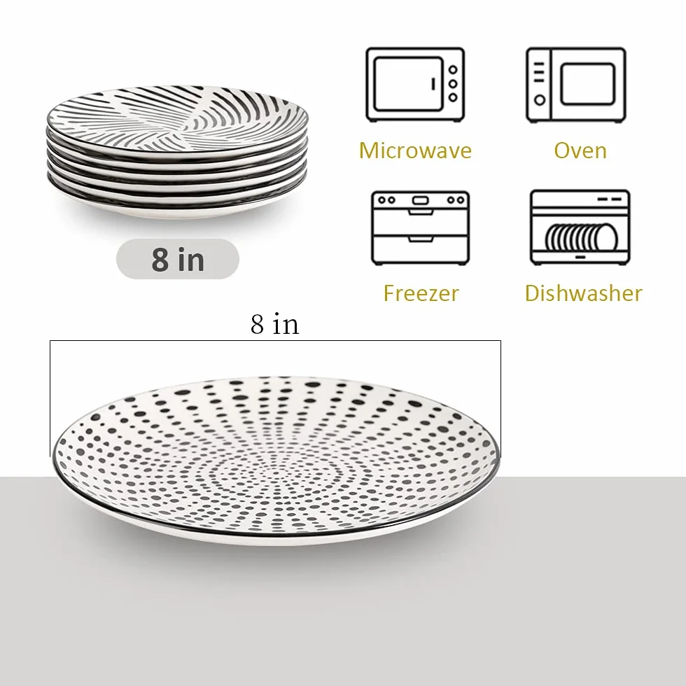 Talerze płaskie - Porcelanowy talerz deserowy - Zestaw 6 czarnych talerzy do sałatek | Owoce | Przystawki | Śniadanie - 20,3 cm