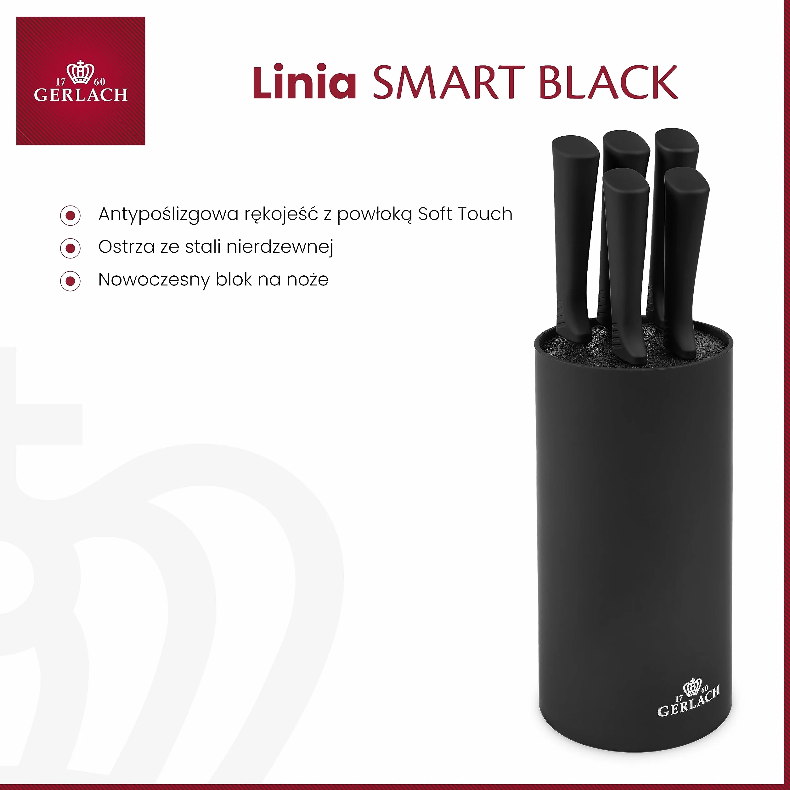 Gerlach Smart Black Zestaw Noży w Bloku, Czarny, 5 Sztuk
