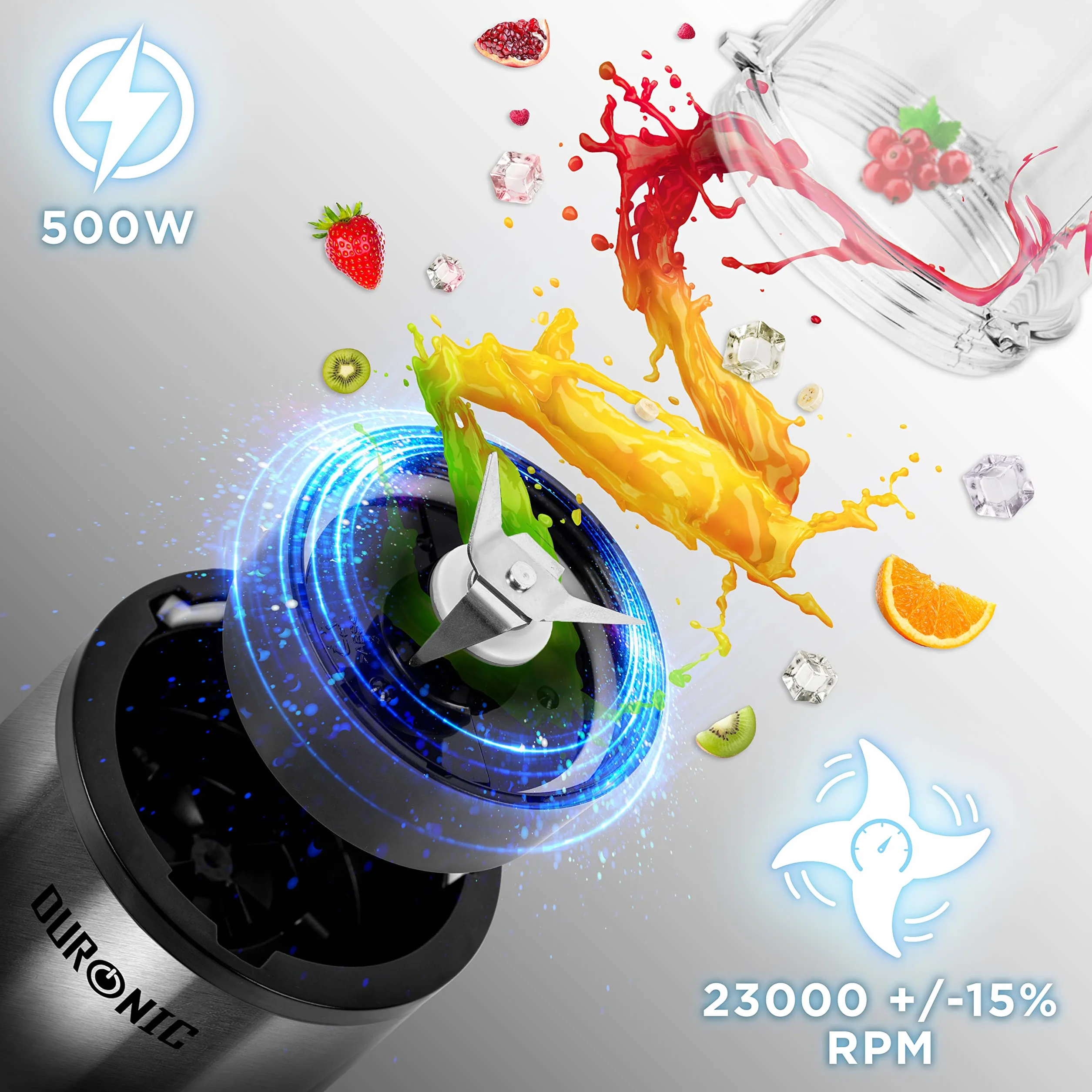 Duronic BL520 Miniblender personalny blender kielichowy z bidonami 400 i 570 ml do koktajli smoothie moc 500W | Blend & Go | mini Blender sportowy mały i prosty w obsłudze bez przelewania