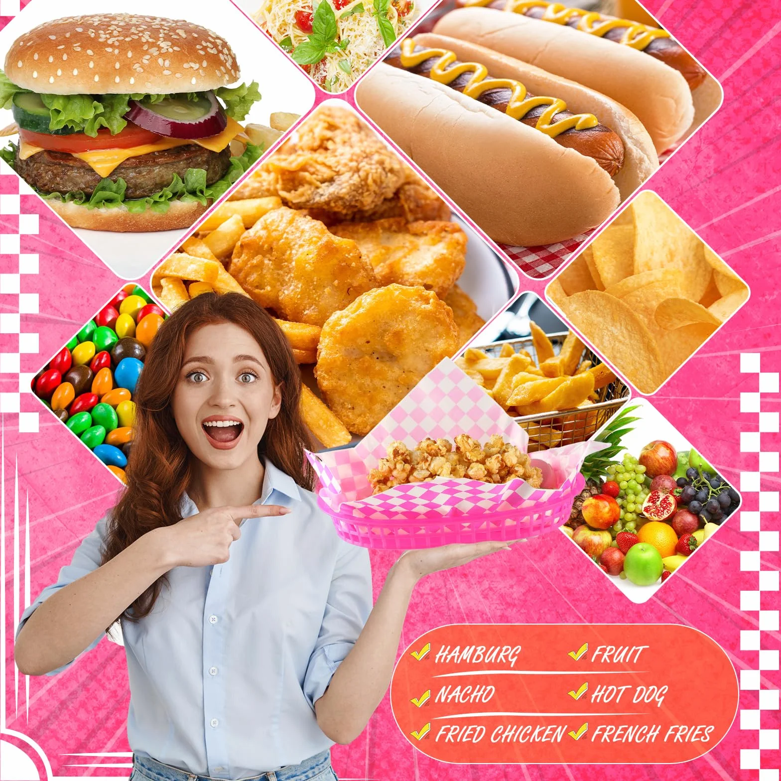 Uiifan Kosze do fast foodów z 100 szt. wkładkami w kratkę, kosze do serwowania, kosze na żywność, plastikowe tacki do serwowania, zestaw do restauracji, hot dogów, chipsów, na imprezę, piknik, różowe