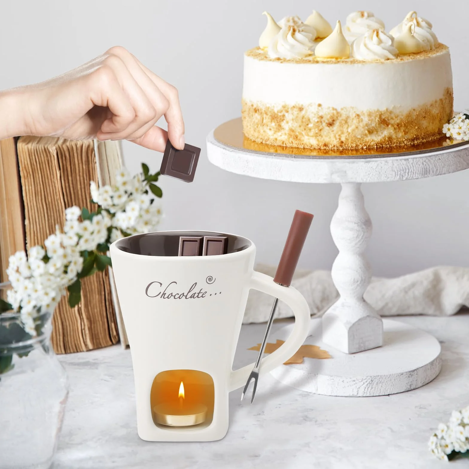 Filiżanka do fondue czekoladowego z widelcami, 200 ml, ceramiczny zestaw do czekoladowego fondue, kubek do topienia czekolady, zestaw do fondue z widelcem i podgrzewaczem, do sera, czekolady, masła