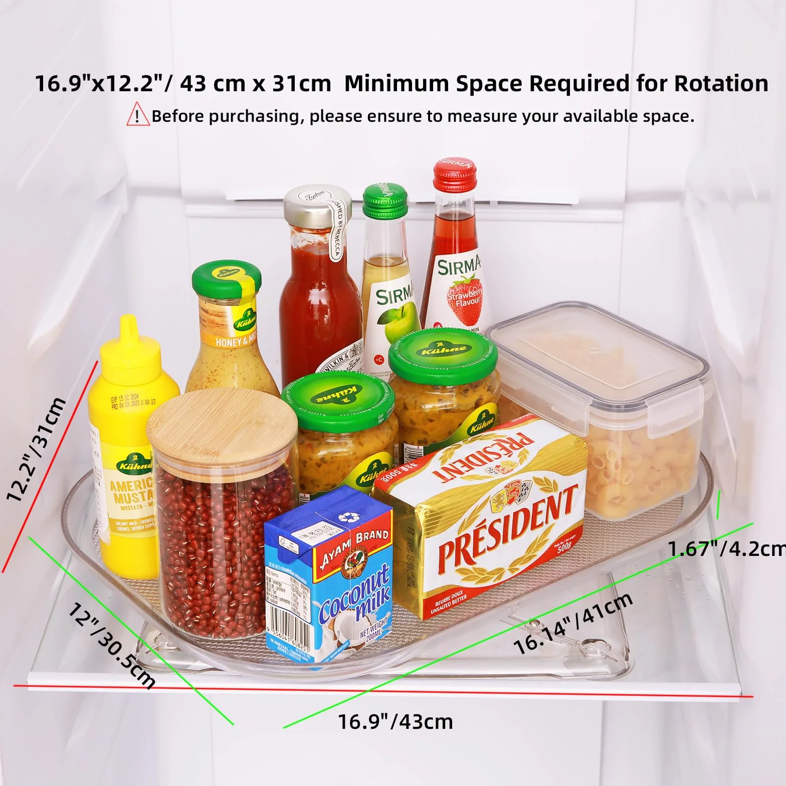 Elechomes Lazy Susan Talerz Obrotowy 360°, 41 cm, Do Lodówki, Przezroczysty, Antypoślizgowy, Do Kuchni, Organizatorów i Przechowywania