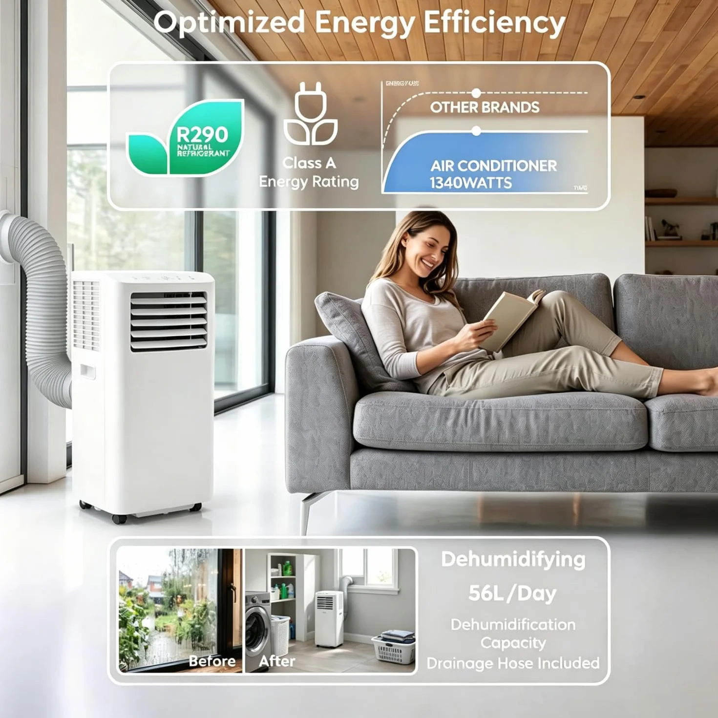 12000 BTU Przenośny klimatyzator 4-w-1 z osuszaczem Wentylator Tryb uśpienia, 24H Timer, Zestaw wydechowy, Wózek kołowy do sypialni Do 30m2