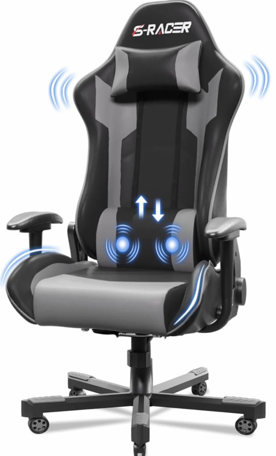 JUMMICO Ergonomiczne krzesło gamingowe, z podparciem okolic lędźwiowych, do komputera, z regulacją wysokości, obciążenie 150 kg, kolor szary