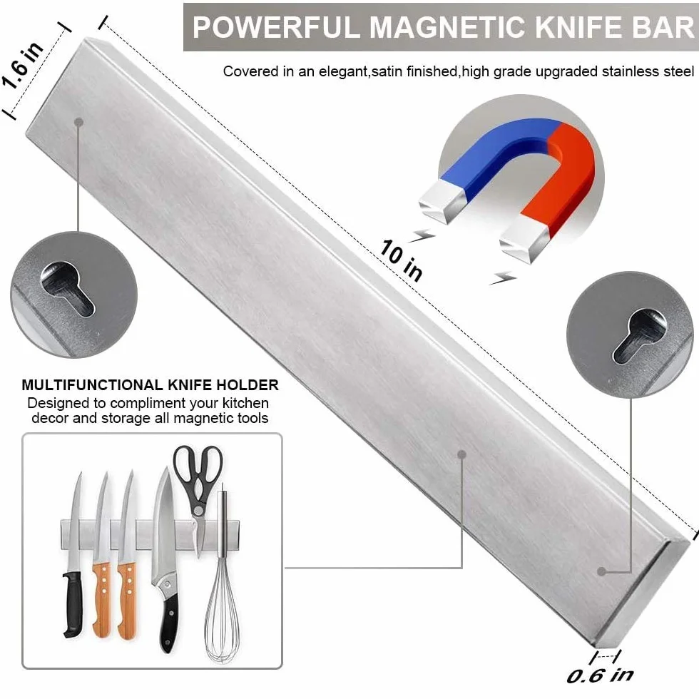 Ninonly Magnetyczny uchwyt na noże do ściany 25cm Ninonly Magnetyczny pasek na noże samoprzylepny lub do wiercenia, stal nierdzewna, pasek magnetyczny na noże, bezpieczne i łatwe przechowywanie
