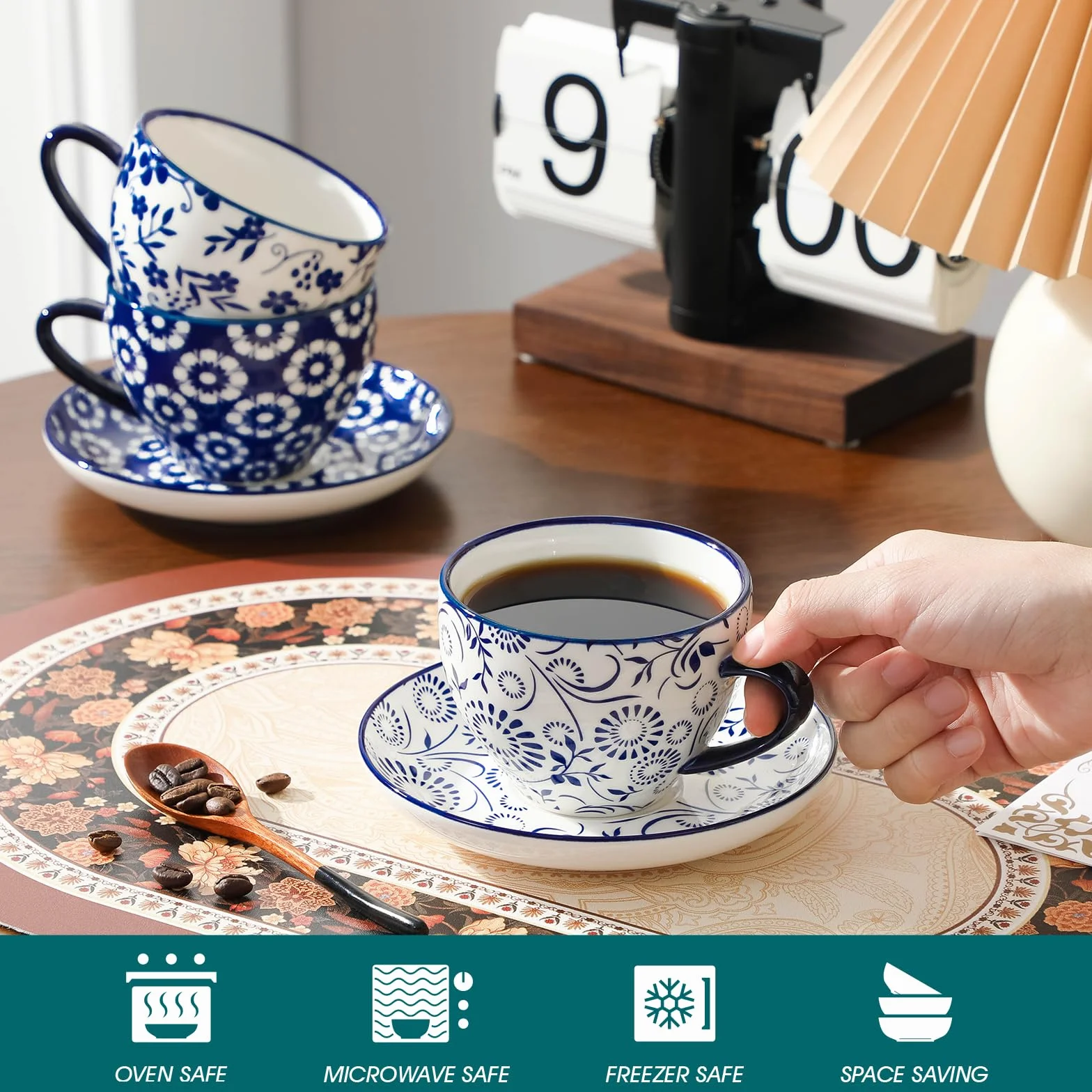vancasso Selene Zestaw filiżanek i spódniczek, 240 ml, porcelanowy mały zestaw do kawy espresso dla 6 osób, styl vintage, niebiesko-biały, ceramiczne