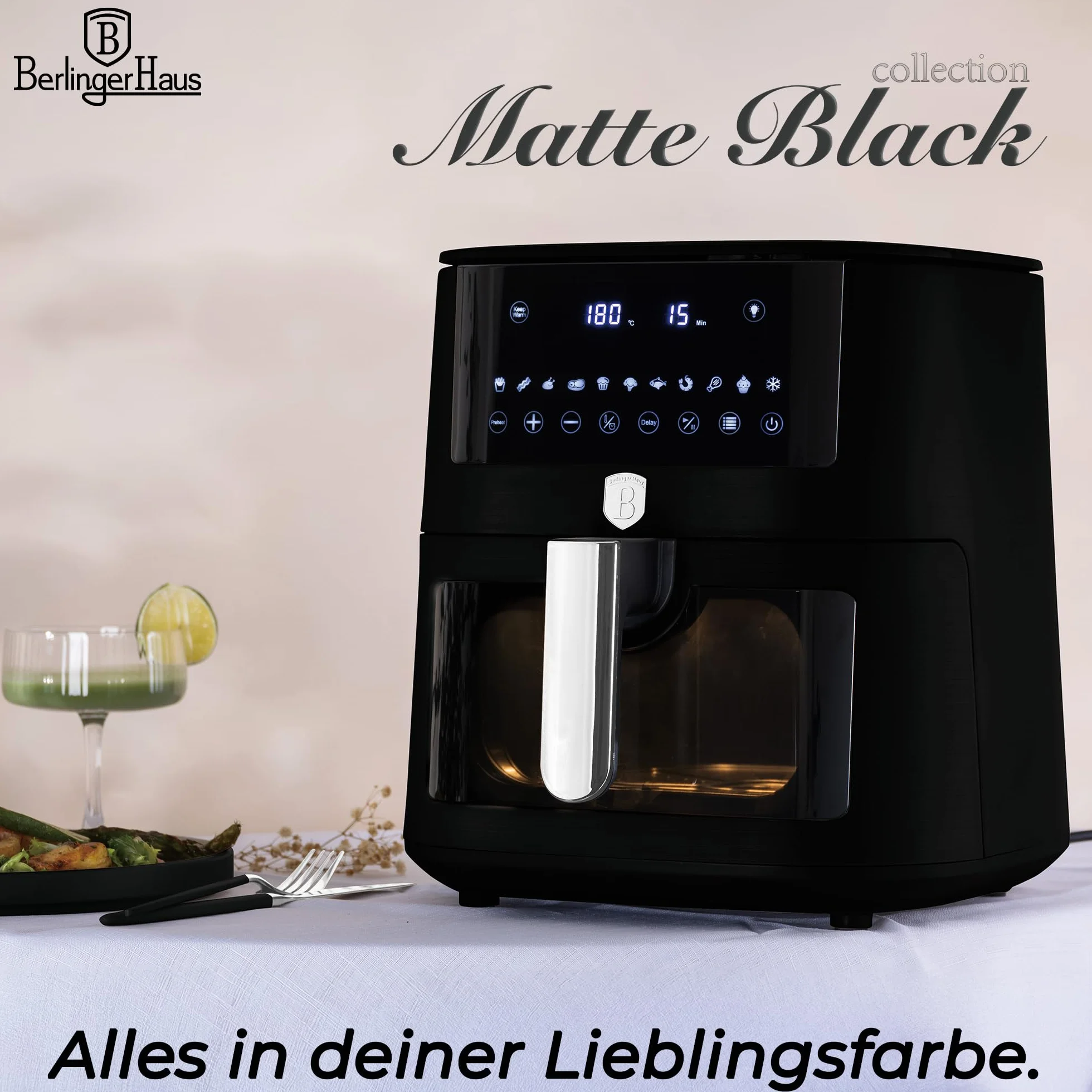 Berlinger Haus Matt Black Collection frytkownica na gorące powietrze, 5 litrów, z okienkiem, 8 programów, gotowanie bez tłuszczu, nieprzywierający kosz TitanPro, 1400 W, urządzenie kuchenne