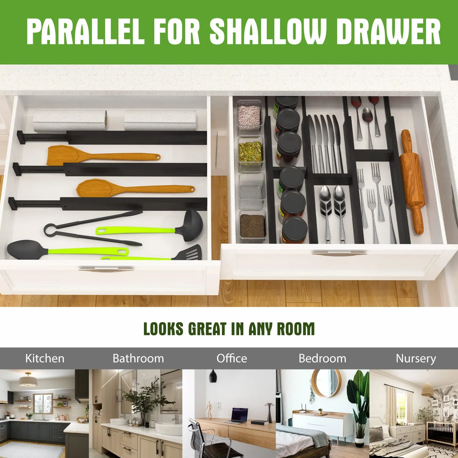 ANTOWIN Bambusowe przegrody do szuflad, 10 sztuk, rozsuwane separatory do szuflad, 43-56 cm, regulowany sprężynowy organizer na duże przybory, ubrania, narzędzia, szuflady, czarne, 10 szt