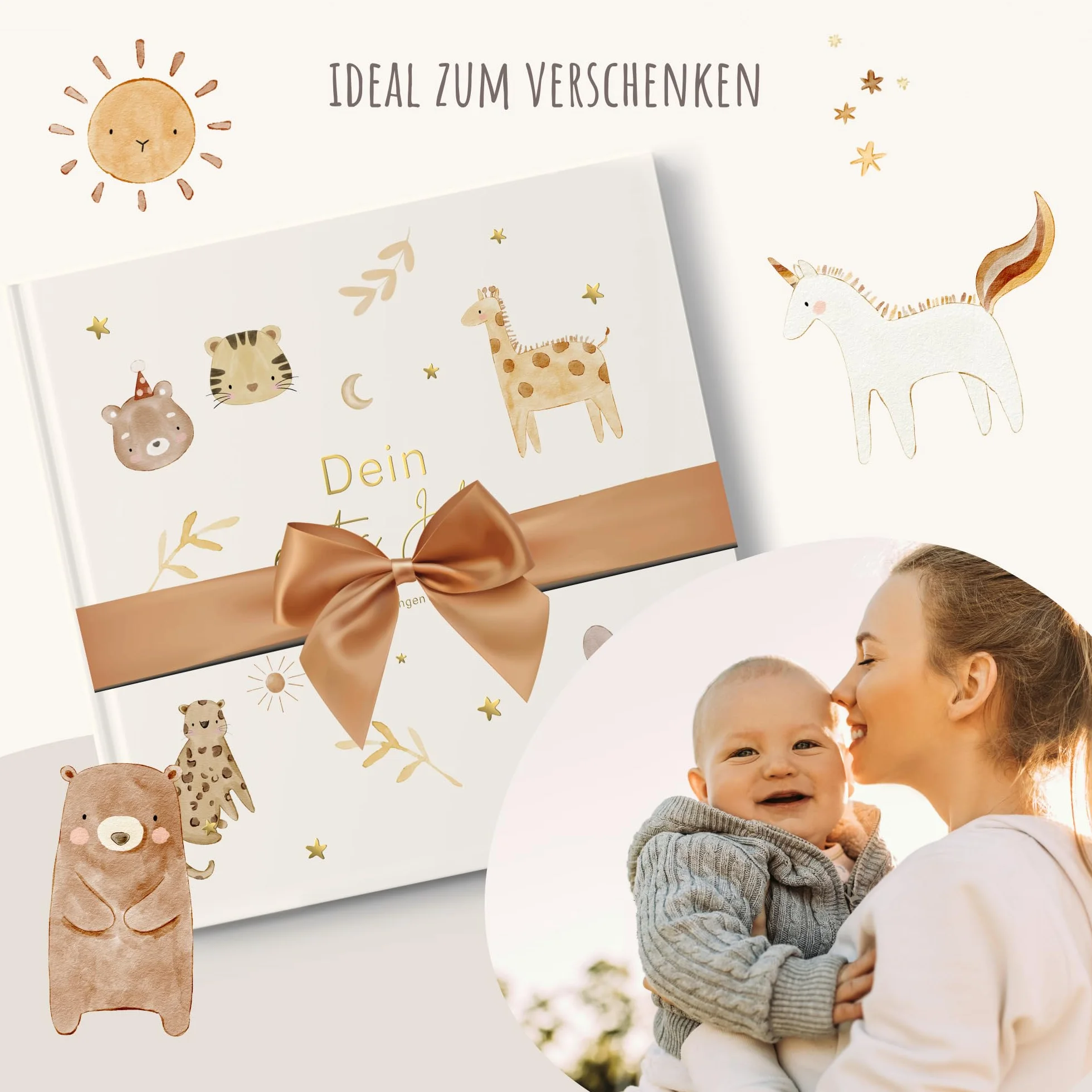 MeinBaby123 Album dla niemowląt Wysokiej jakości pozłacany 136 stronami z wypełnieniem na pierwszy rok, prezent na narodziny, prezent dla niemowląt, pamiętnik dla niemowląt do wypełnienia na kamienie