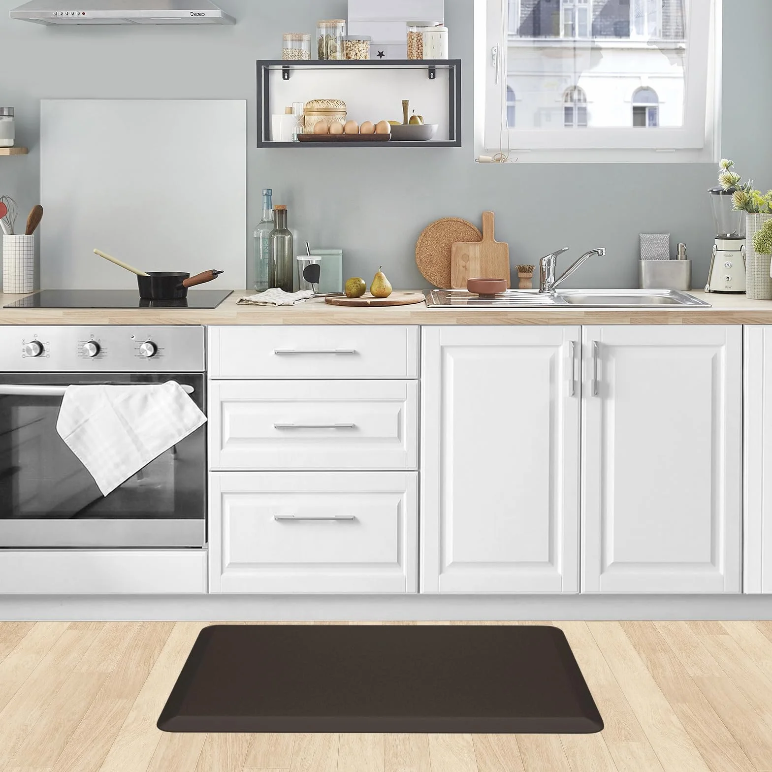 KitchenClouds Mata kuchenna, amortyzowany, odporny na zużycie dywanik, wodoodporna, antypoślizgowa mata do stania przy biurku, wygodna mata podłogowa do kuchni, domu, biura, 44 x 71 cm, czekoladowa