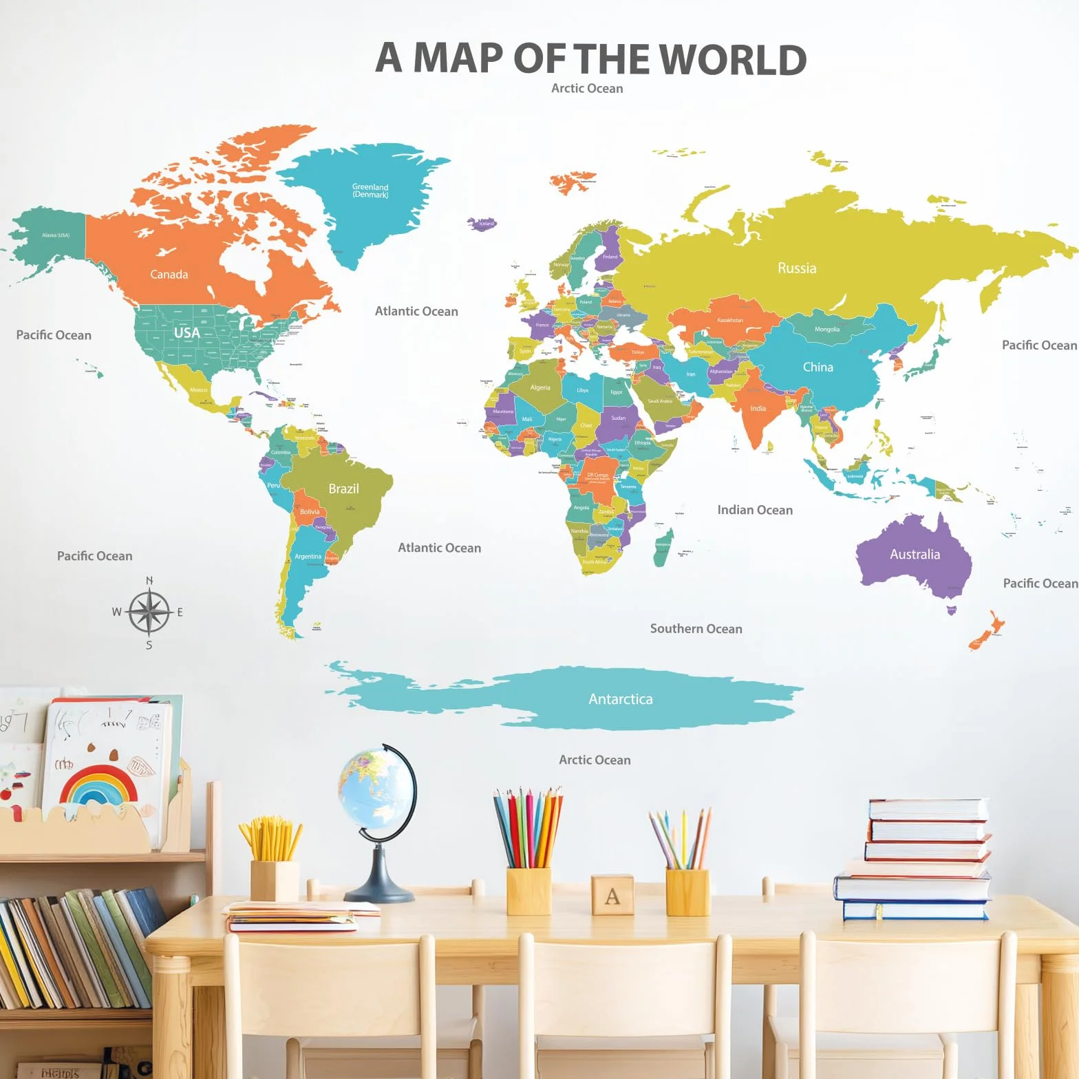 DECOWALL SG2-2414 kolorowa mapa świata tatuaż ścienny (duży 120 x 75 cm), edukacyjna dekoracja mieszkania, sztuka, salon, dzieci, biuro, pokój dziecięcy, klasa "zrób to sam"