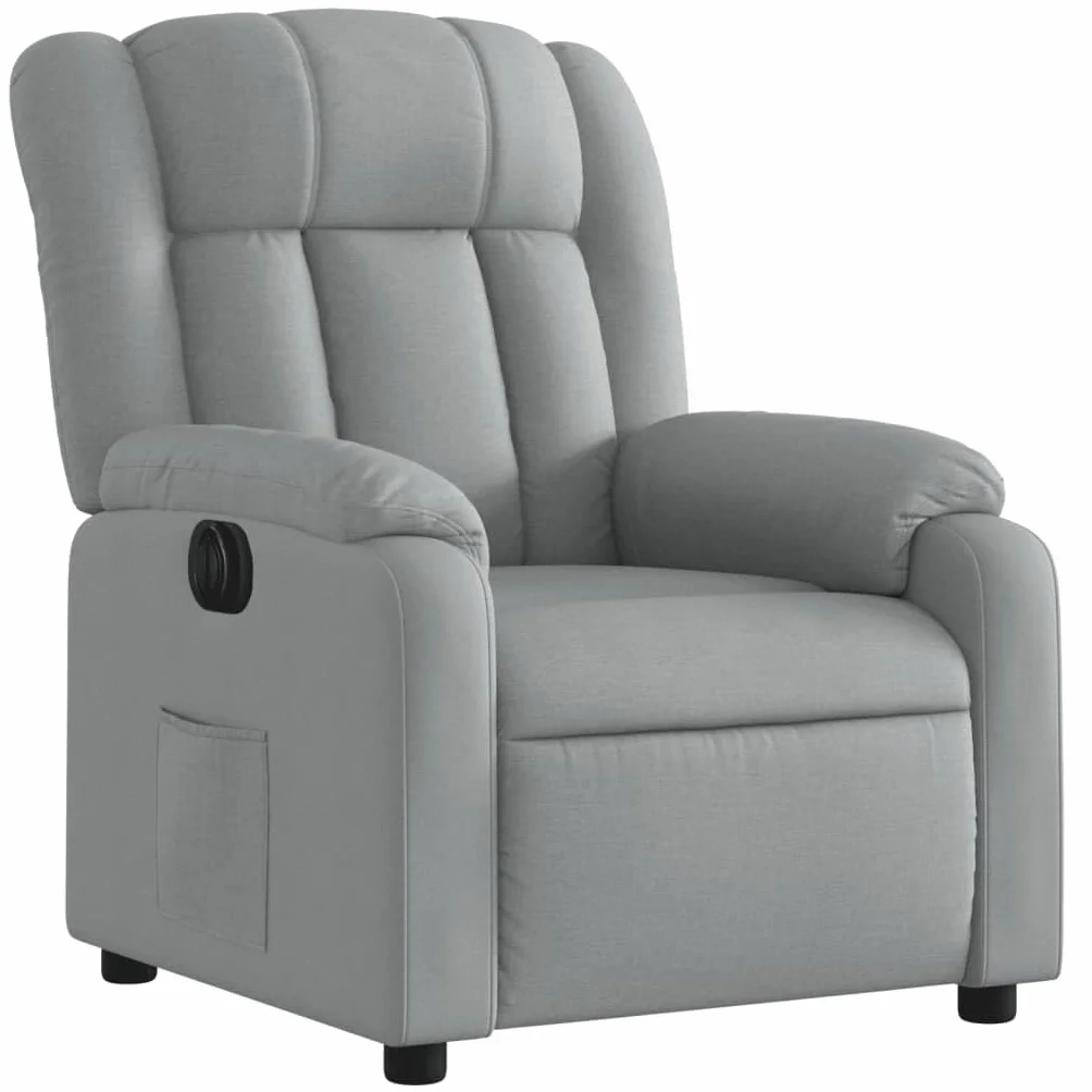Fotel relaksacyjny, elektryczny, jasnoszary, materiał z funkcją leżenia, regulowany, wygodne siedzisko z podłokietnikami, metalowa i drewniana rama, ergonomiczny do salonu, kącika do czytania