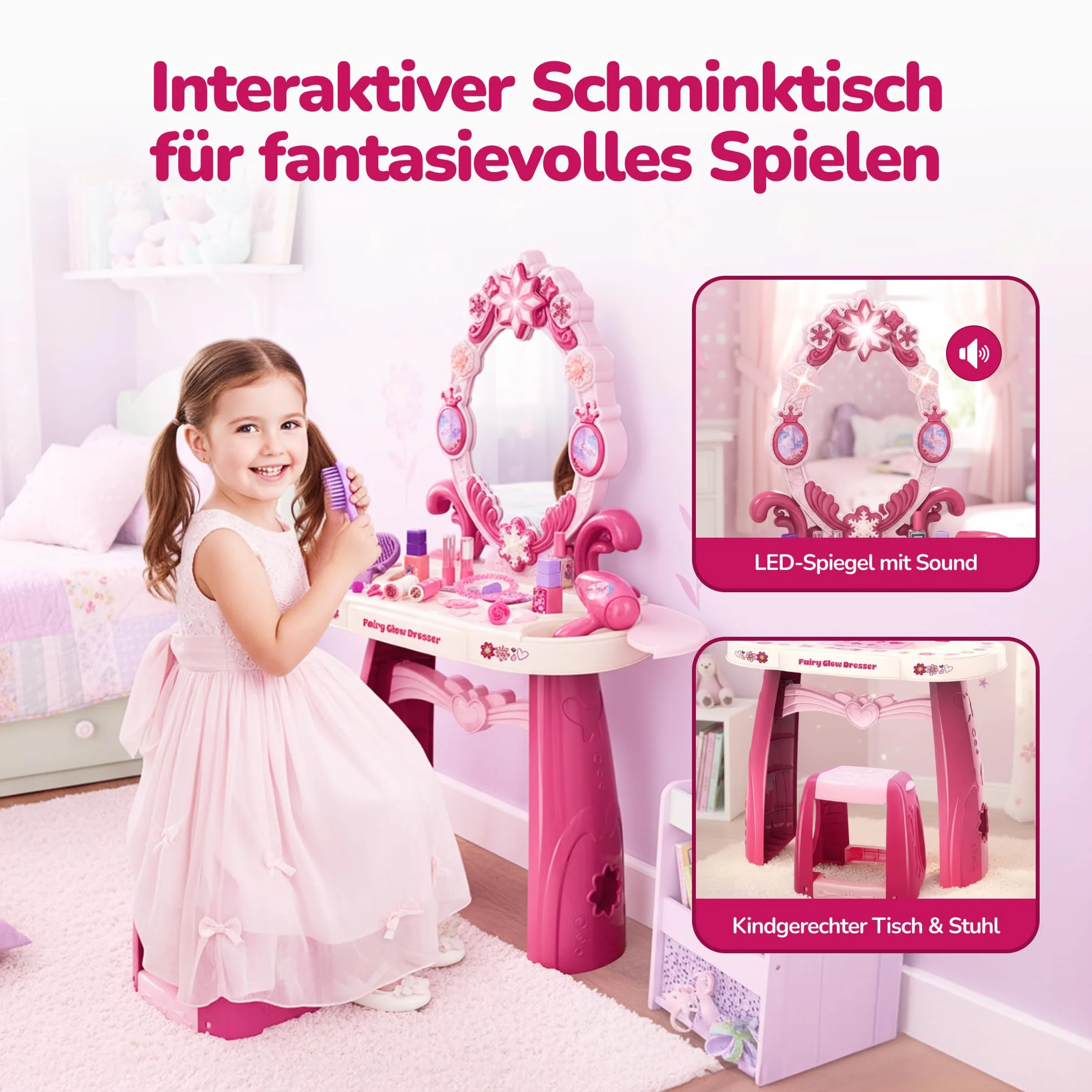 Kinderplay Fairy Glow Dresser toaletka dla dzieci z oświetleniem i dźwiękiem – zabawka dla dziewczynek od 3 lat – zestaw do makijażu dla dzieci z lustrem i 32 akcesoriami