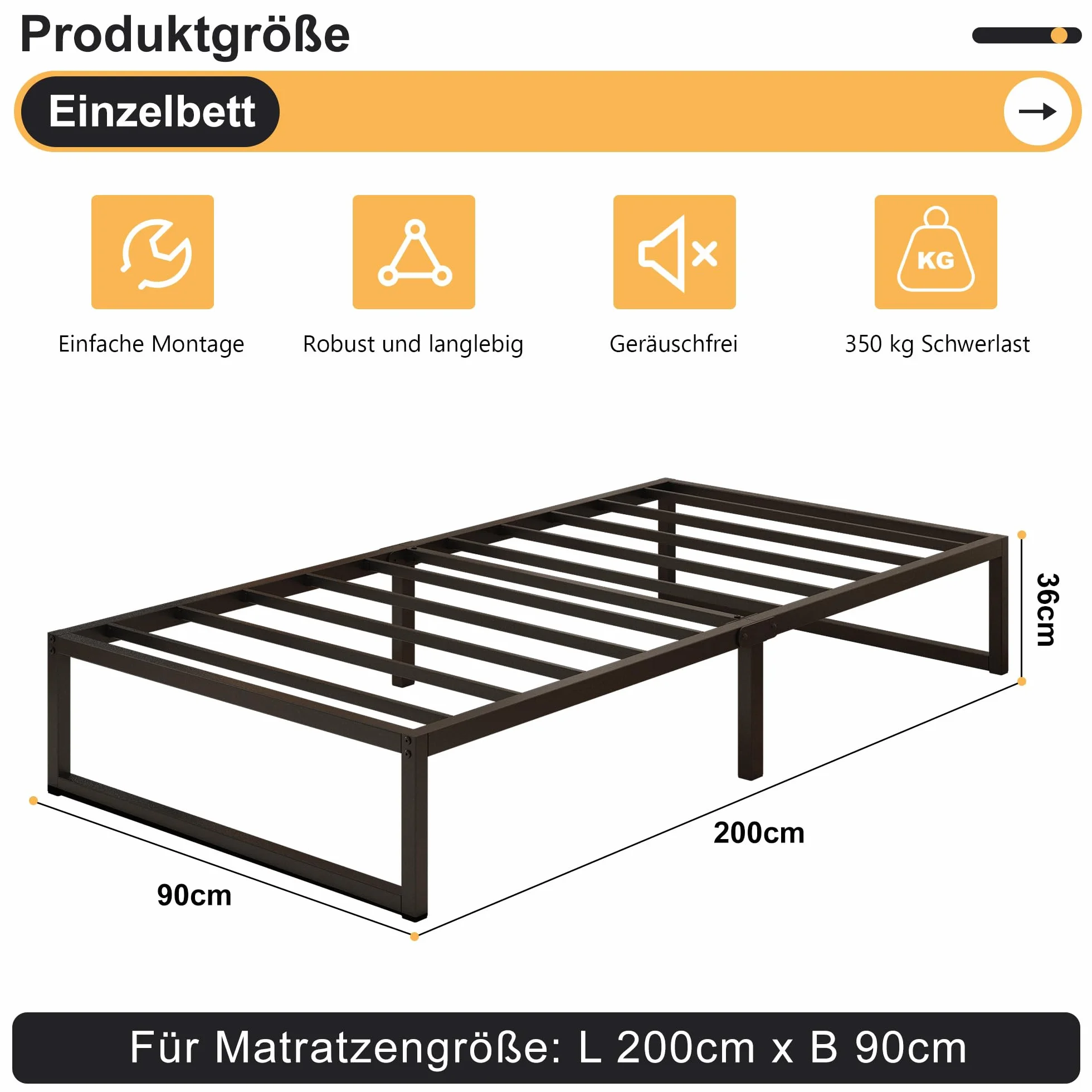 Yicensen Metalowe łóżko 90 x 200 cm ze stelażem metalowym, wysokość 35 cm, rama łóżka, łóżko pojedyncze, stabilny, łatwy montaż, czarne | Nośność 350 kg, wysokość 36 cm, cichy, łatwy montaż, nóżki antyderapants, czarne