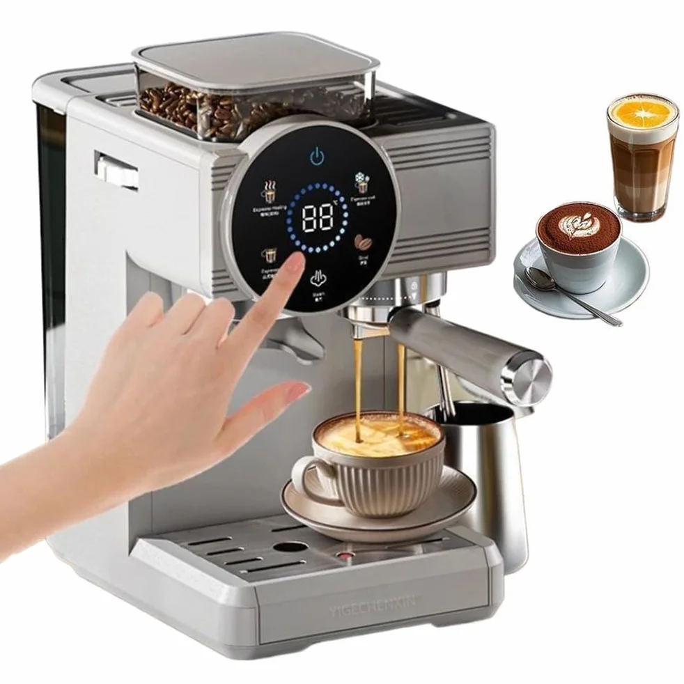 Ekspres do kawy 220 V komercyjny z funkcją kontroli temperatury, młynek do kawy ziarnistej 1350 W, 20 poziomów drobnego mielenia, możliwość przygotowania latte