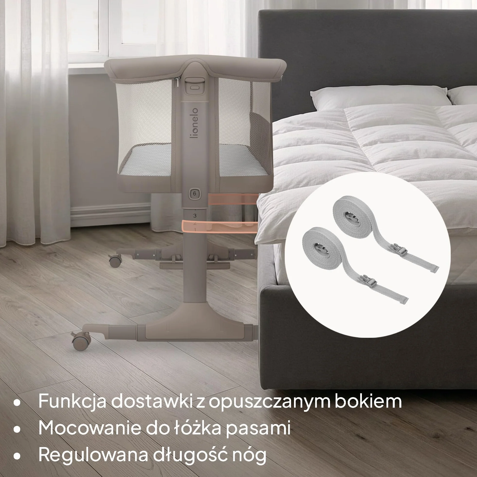 lionelo PARI łóżeczko nocne, łóżeczko dziecięce, 3 w 1, regulowane łóżeczko nocne, 6 poziomów, kołysanie, pochylany materac, siatka, zamykane kółka, torba podróżna