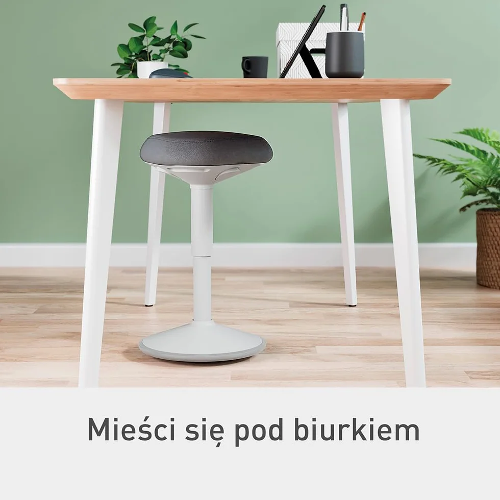 Stołek Leitz Ergo Active z Unikalną Komfortową Poduszką z Pianki o Podwójnej Gęstości, Regulowana Wysokość od 47 do 64cm, Siedzisko W 100% z Recyklingu, Udźwig 110kg, Seria Ergo, Jasnoszary, 65440085