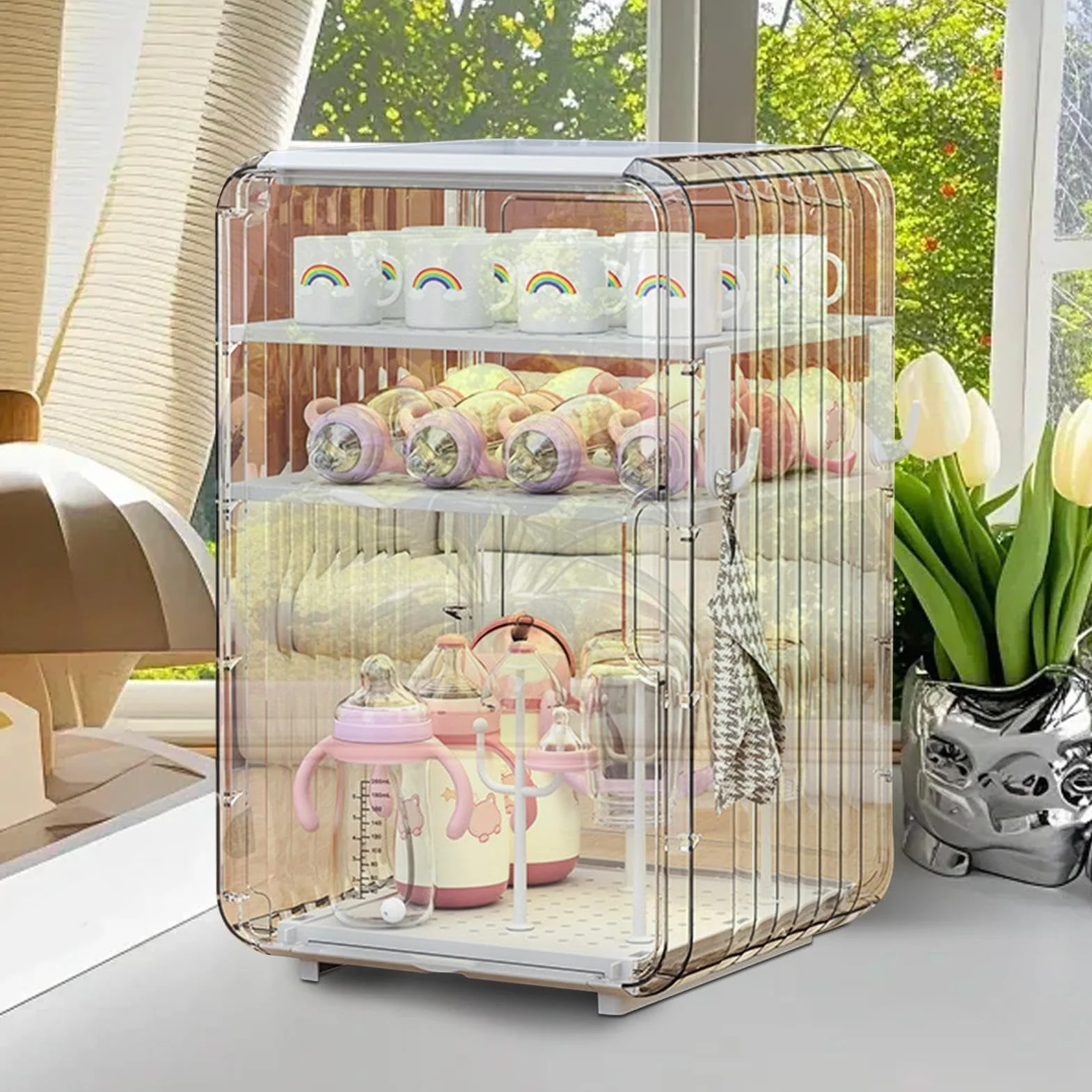 Baby Bottle Organizer, Vertical Cup Storage Box, Covered Holder for Cutlery and Accessories, Multi Use Container for Kitchen Table Fridge Closet Bedroom Pantry Nursery Storage Use