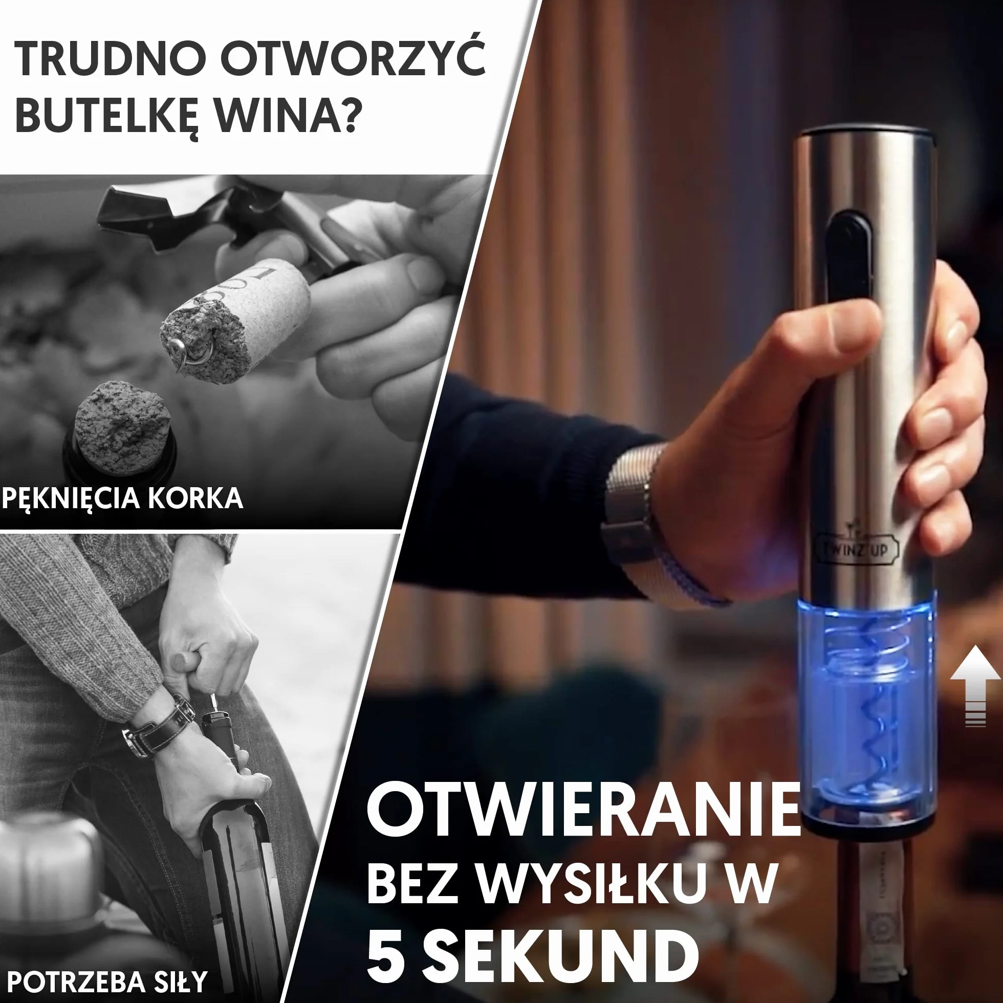 Zestaw upominkowy dla mężczyzn - Akumulator elektryczny korek z podstawą ładowarki i nożem do kapsułek - otwieracz do butelek elektrycznych bez konieczności