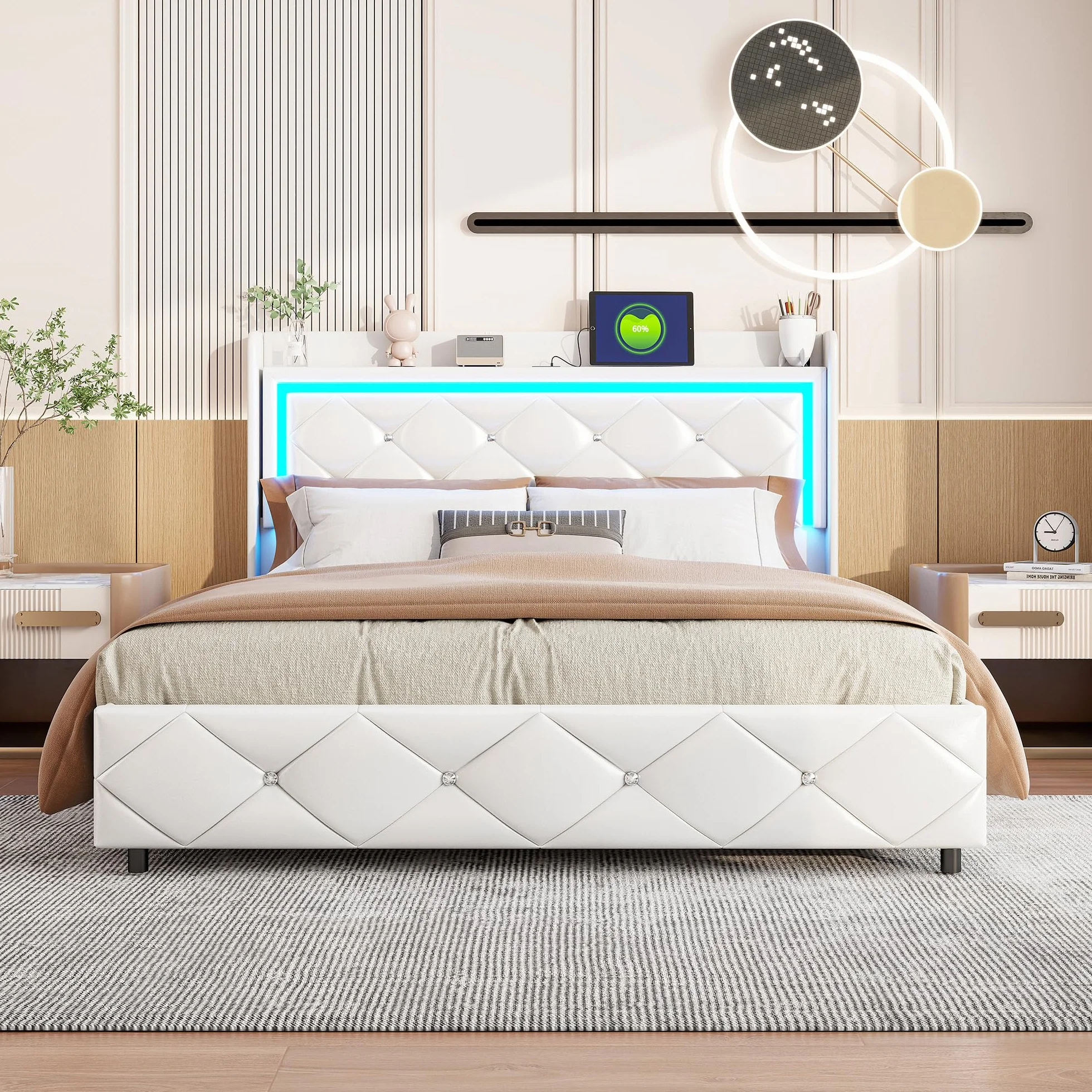 Nowoczesne łóżko tapicerowane, 140 x 200 cm, łóżko kontynentalne LED, z hydrauliczną regulacją miejsca do przechowywania i stelażem, rama łóżka PU z wyściełanym zagłówkiem, łóżko młodzieżowe